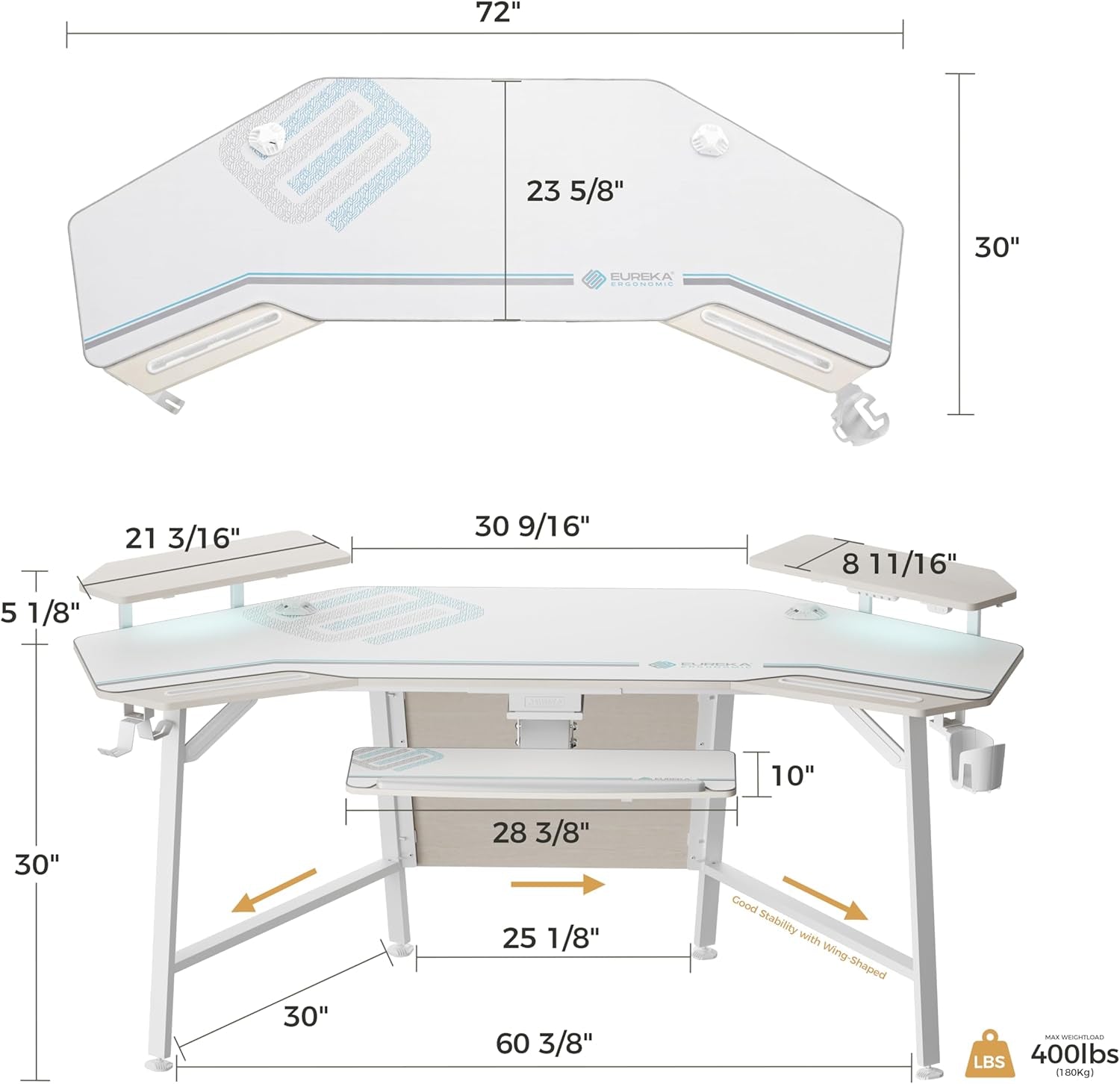 Aero 72 Inch Gaming Desk with Keyboard Tray, Large Computer Desk Led Lights, Wing-Shaped Monitor Stand Dual Headphone Hanger Cup Holder for Studio,Streamer,Live,Maple