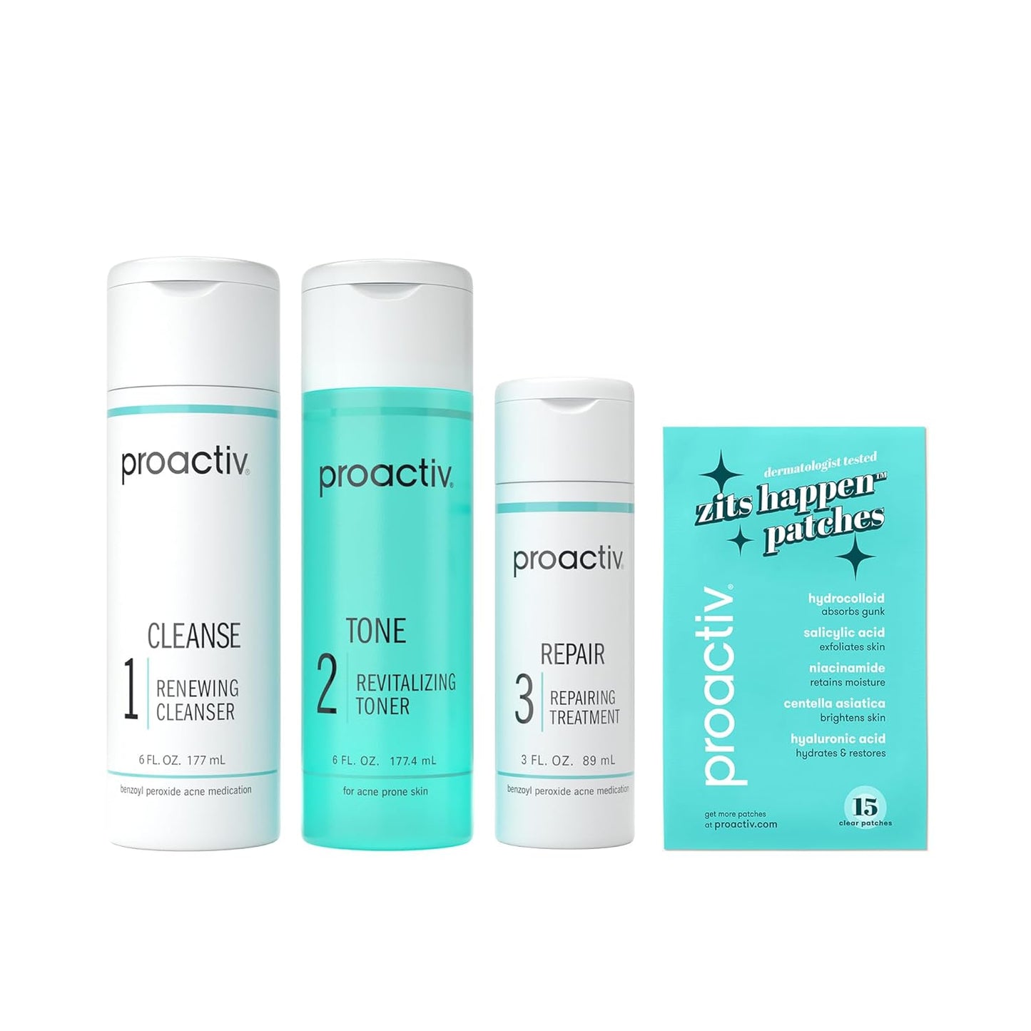 3 Step Acne Treatment W/ Pimple Patches - Benzoyl Peroxide Face Wash, Repairing Acne Spot Treatment for Face and Body, Exfoliating Toner - 90 Day Complete Acne Skin Care Kit + Pimple Patches