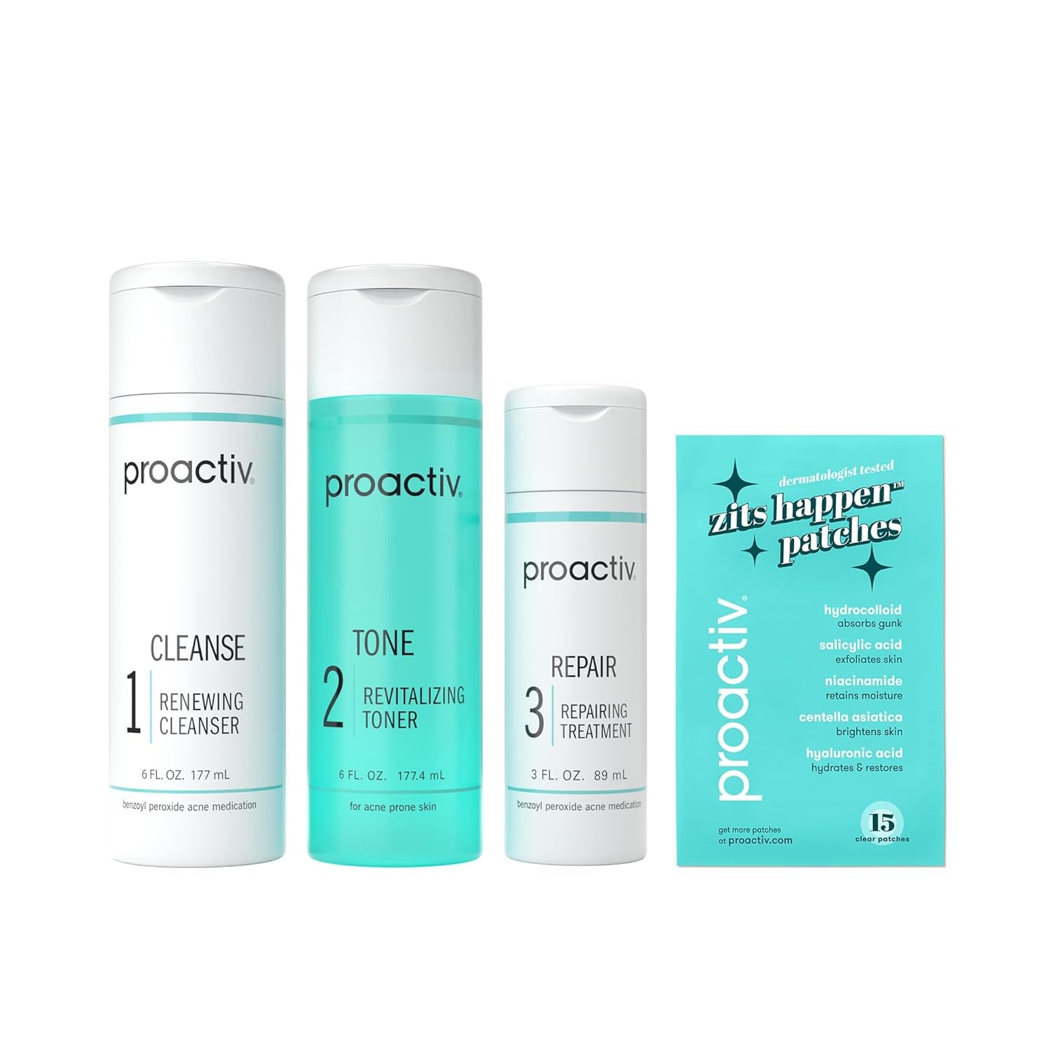 3 Step Acne Treatment W/ Pimple Patches - Benzoyl Peroxide Face Wash, Repairing Acne Spot Treatment for Face and Body, Exfoliating Toner - 90 Day Complete Acne Skin Care Kit + Pimple Patches