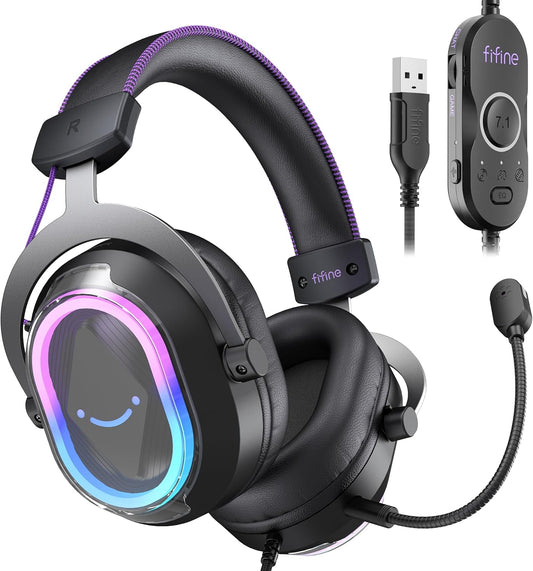 Wired USB Gaming Headset: 7.1 Surround Sound - Vibrant Customizable RGB - Game/Chat Balance, Gamer Headphone with Noise Canceling Mic for PC, PS5/PS4, Laptop, Mac - Ampligame H13BP