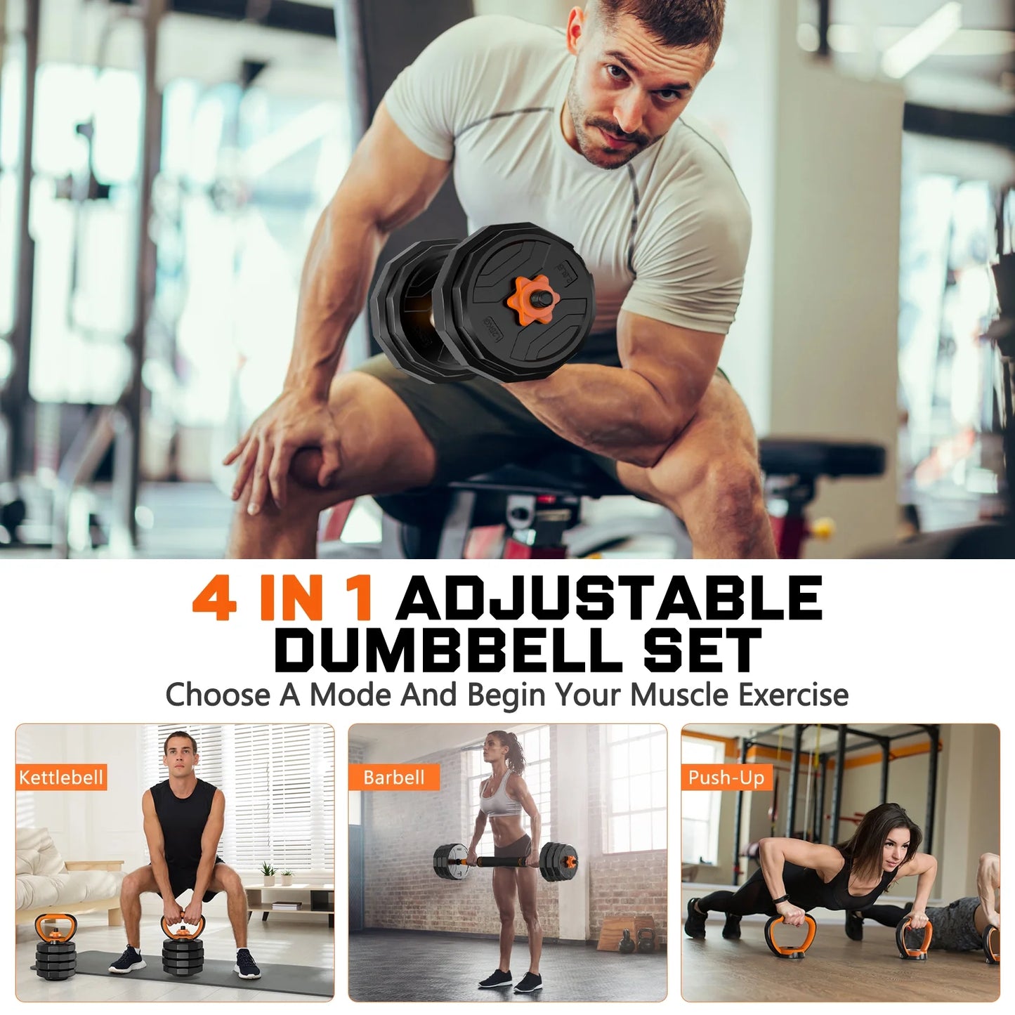 Juego De Mancuernas Ajustables 4 En 1 De 66 Lb, Juego De Pesas Libres Con Conector Usado Como Barra, Pesas Rusas, Soporte Para Flexiones, Ejercicios De Fitness Para Gimnasio En Casa Adecuado Para Hombre/Mujeres