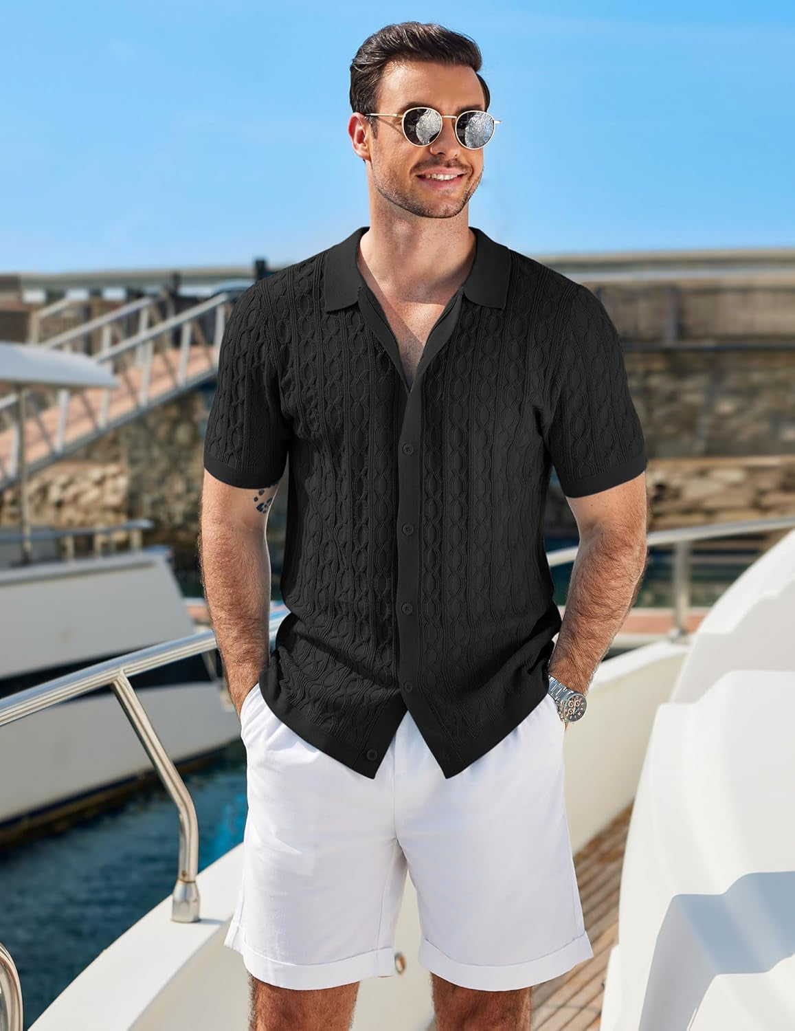 Men'S Knit Short Sleeve Shirts Button down Vintage Knitted Polo Shirt Casual Beach Crochet Cable Vacation Shirt
