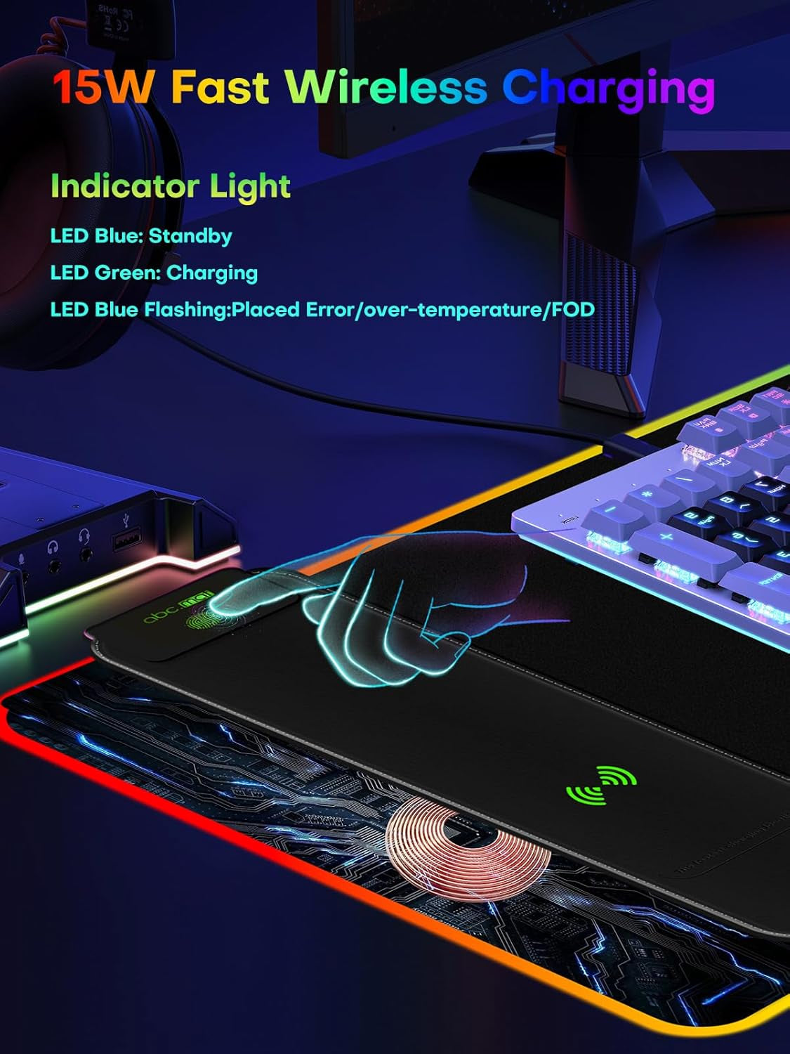 2-In-1 RGB Gaming Mouse Pad with Wireless Charging, 31.5"X15.8" Large, 24 Light Effects, Non-Slip Base, Waterproof Ultra-Smooth Surface, No Adapter