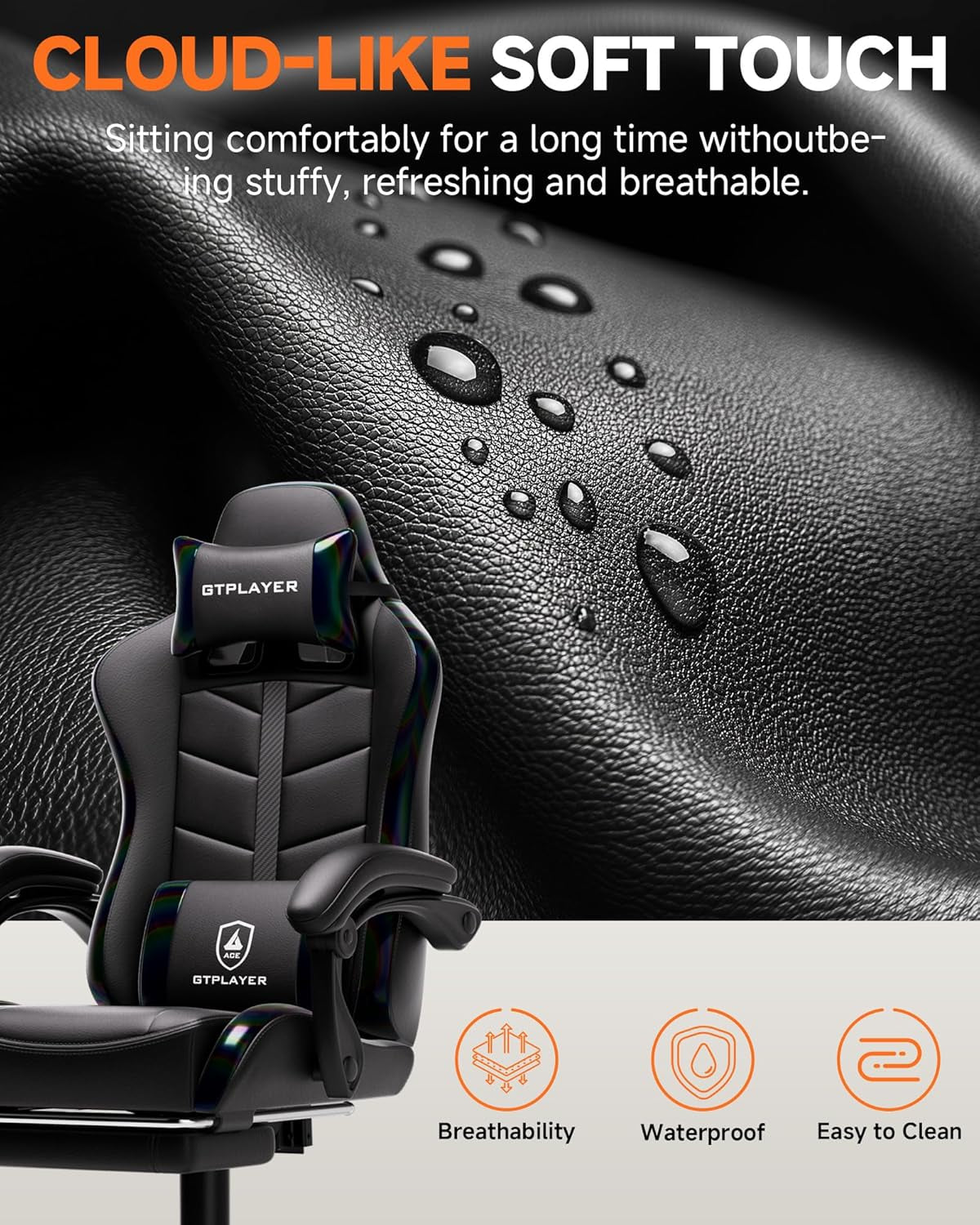 Gaming Chair with Footrest, Computer Gaming Chair for Adults and Kids, Height Adjustable Gamer Chair with 90-155° Recline & Removable Headrest Lumbar Support, 01 Iridescent Black