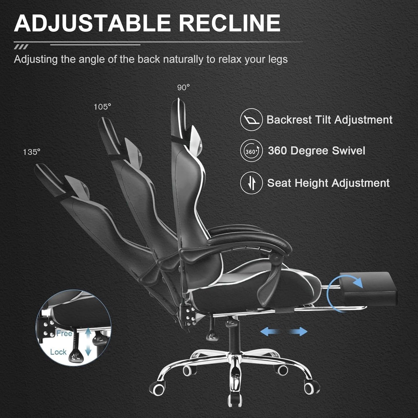 Gaming Chair, Computer Chair with Footrest and Lumbar Support, Height Adjustable Game Chair with 360°-Swivel Seat and Headrest and for Office or Gaming (Pearl White)