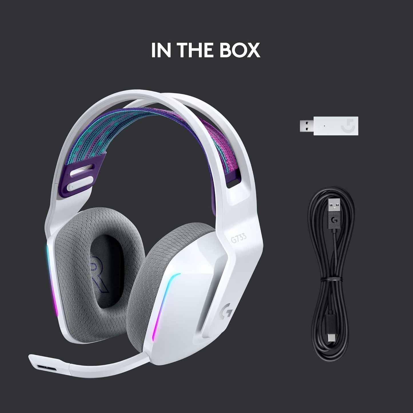 733 Lightspeed Wireless Gaming Headset with Suspension Headband, LIGHTSYNC RGB, Blue VO!CE Mic Technology and PRO-G Audio Drivers - White