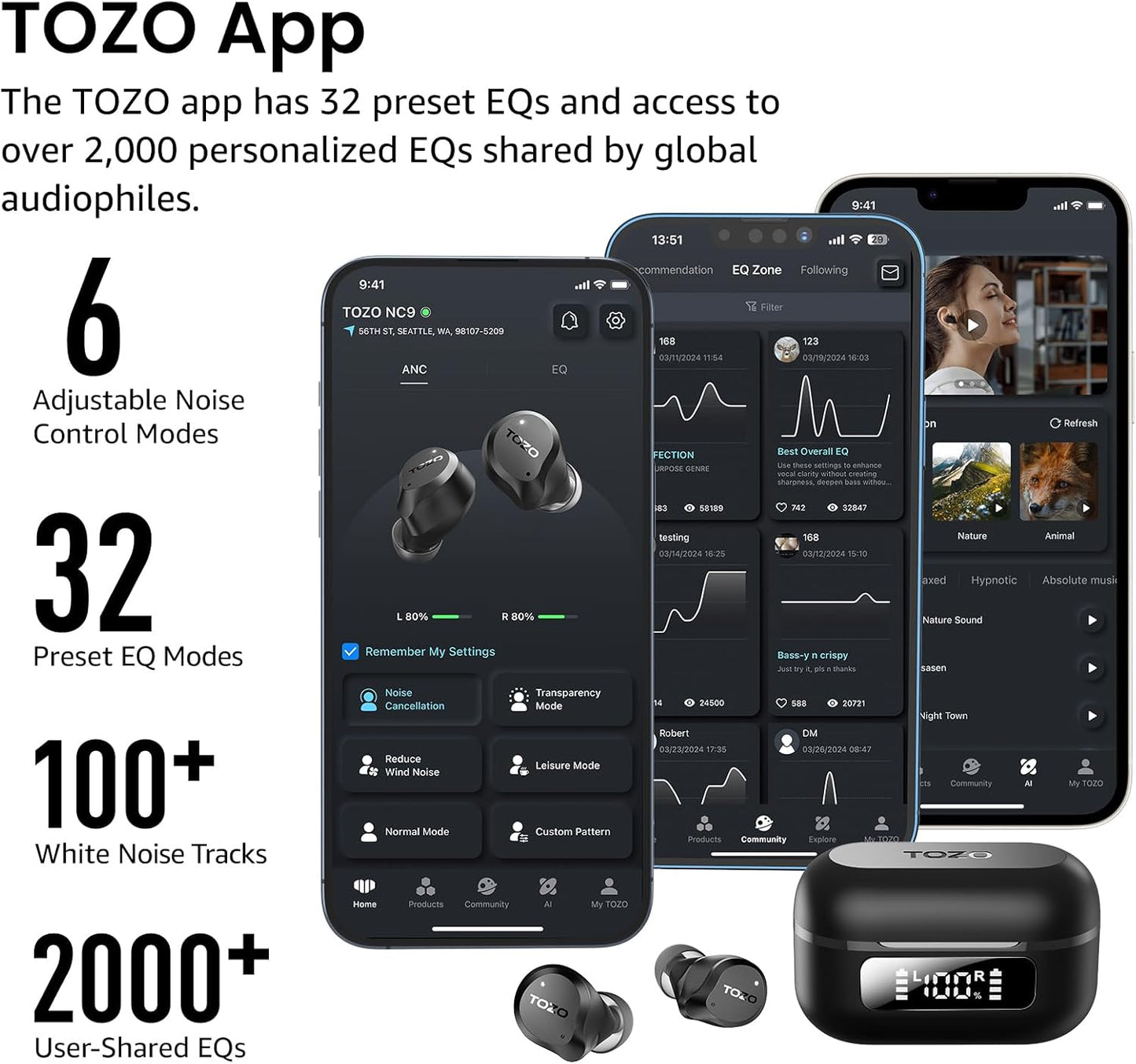 NC9 Hybrid Active Noise Cancelling Wireless Earbuds, 6 Mics ENC Clear Call, IPX8 Waterproof, in Ear Bluetooth 5.3 Headphones Stereo Bass Ear Buds 60H Playtime with LED Display 32 Eqs via APP