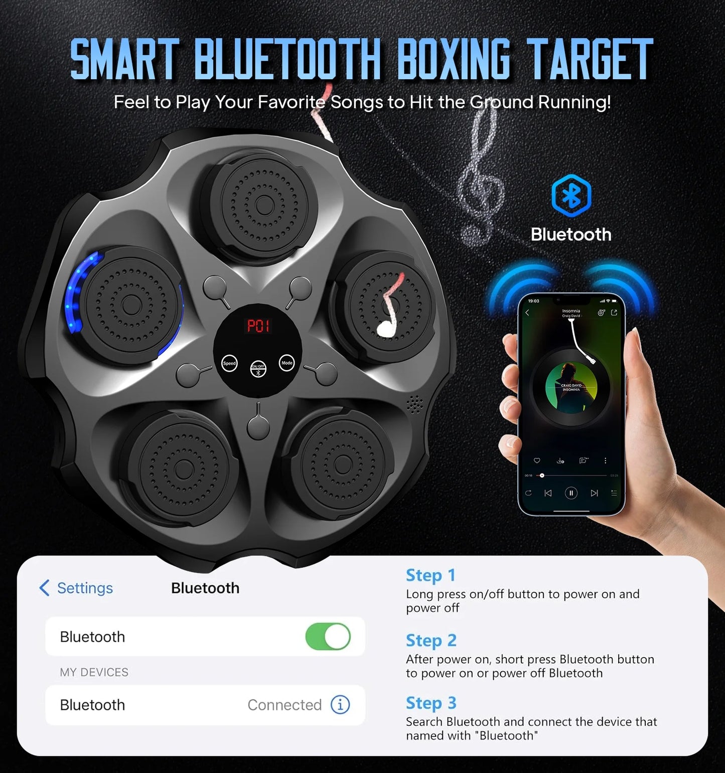Máquina De Boxeo Musical Con Guantes De Boxeo, Entrenador De Boxeo Musical Inteligente Bluetooth Montado En La Pared, Objetivo Electrónico De Boxeo Equipo De Golpeo Para Entrenamiento En Casa, Interior Y Gimnasio