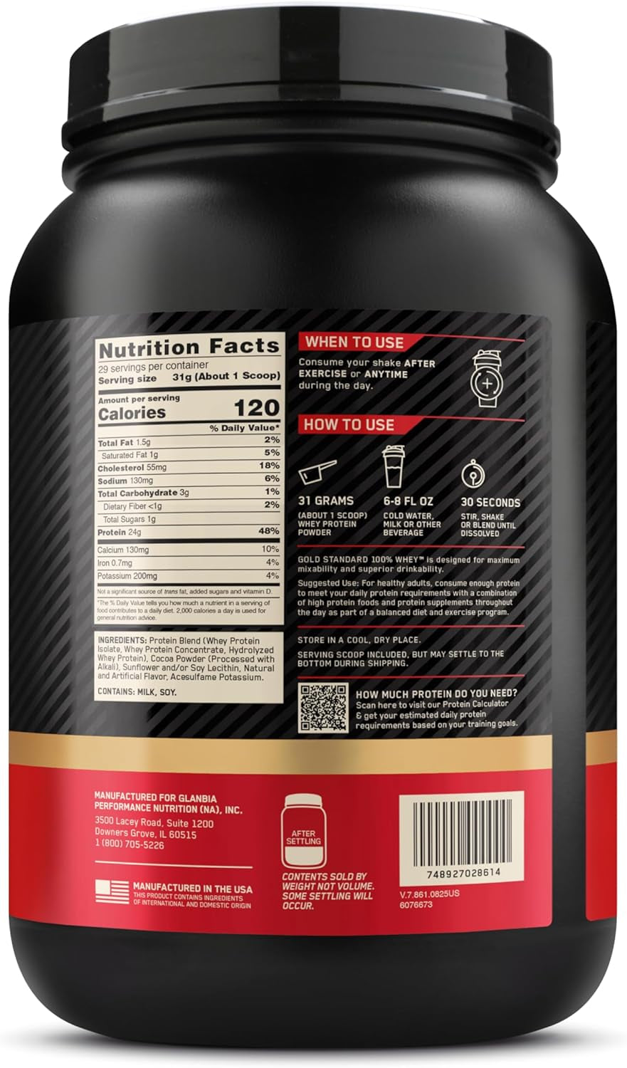 Gold Standard 100% Whey Protein Powder, Double Rich Chocolate 1.98 Pound (Packaging May Vary)