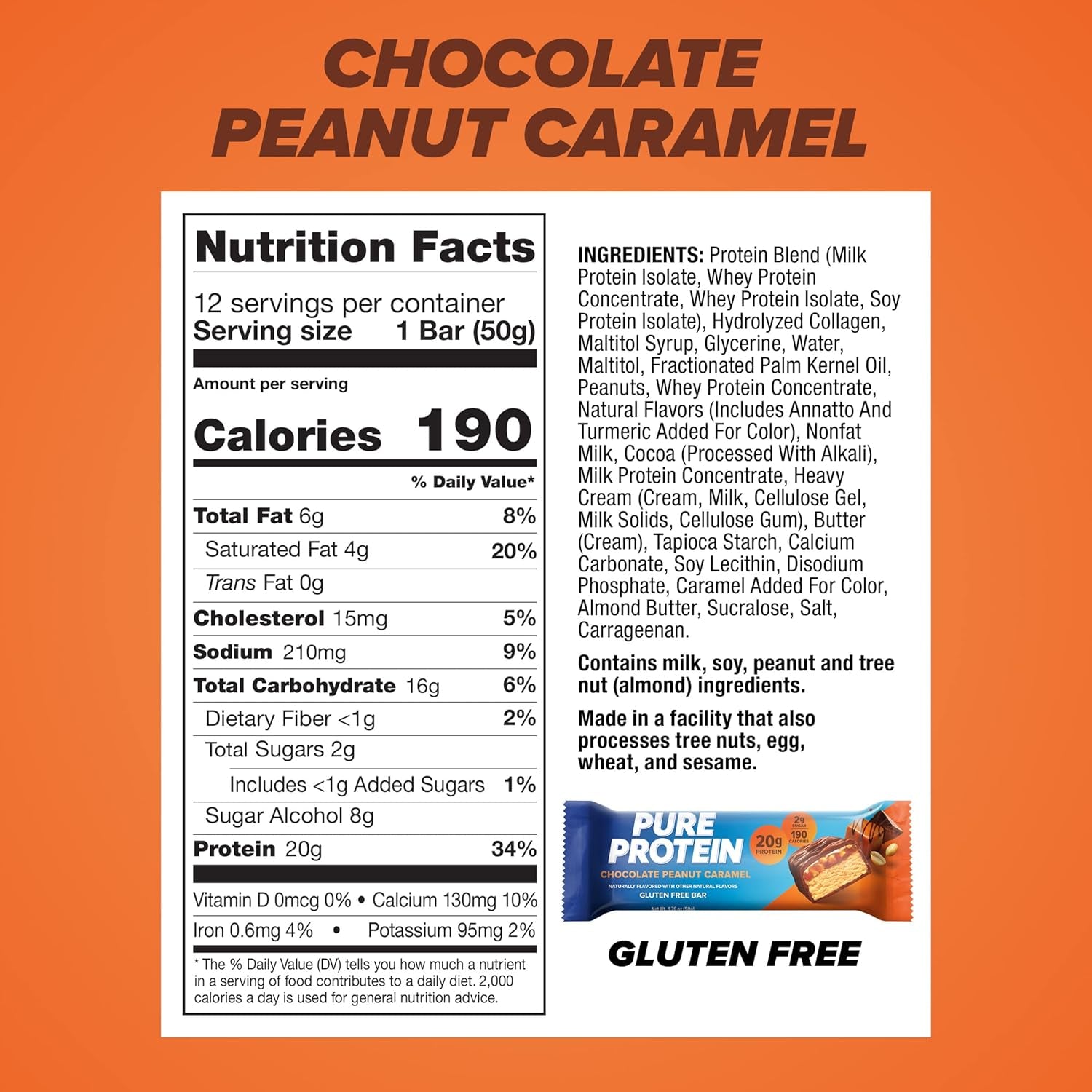 Chocolate Peanut Caramel Protein Bars – 20G Protein, 3G Sugar, 190 Calories (12 Count) Low Sugar* High Protein Snack - Gluten Free - Perfect for a Healthy Snack