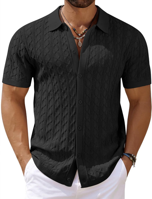 Men'S Knit Short Sleeve Shirts Button down Vintage Knitted Polo Shirt Casual Beach Crochet Cable Vacation Shirt