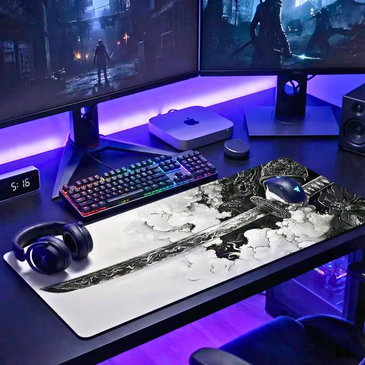 Gaming Mouse Pad Cinematic Samurai Sword - 31.5X11.8 HD Print Japanese Art Desk Mat for Pro Gaming & Minimalist Office, Non-Slip, Stitched Edges, Black and White