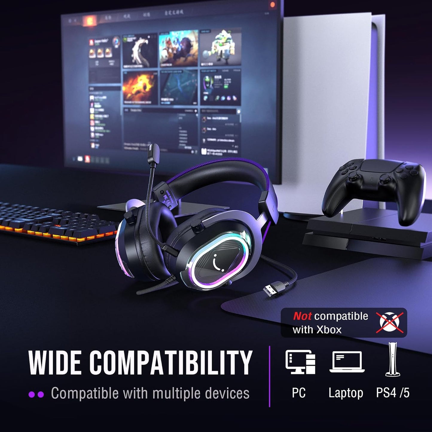 Wired USB Gaming Headset: 7.1 Surround Sound - Vibrant Customizable RGB - Game/Chat Balance, Gamer Headphone with Noise Canceling Mic for PC, PS5/PS4, Laptop, Mac - Ampligame H13BP