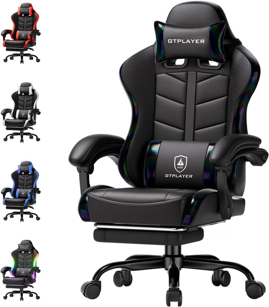 Gaming Chair with Footrest, Computer Gaming Chair for Adults and Kids, Height Adjustable Gamer Chair with 90-155° Recline & Removable Headrest Lumbar Support, 01 Iridescent Black