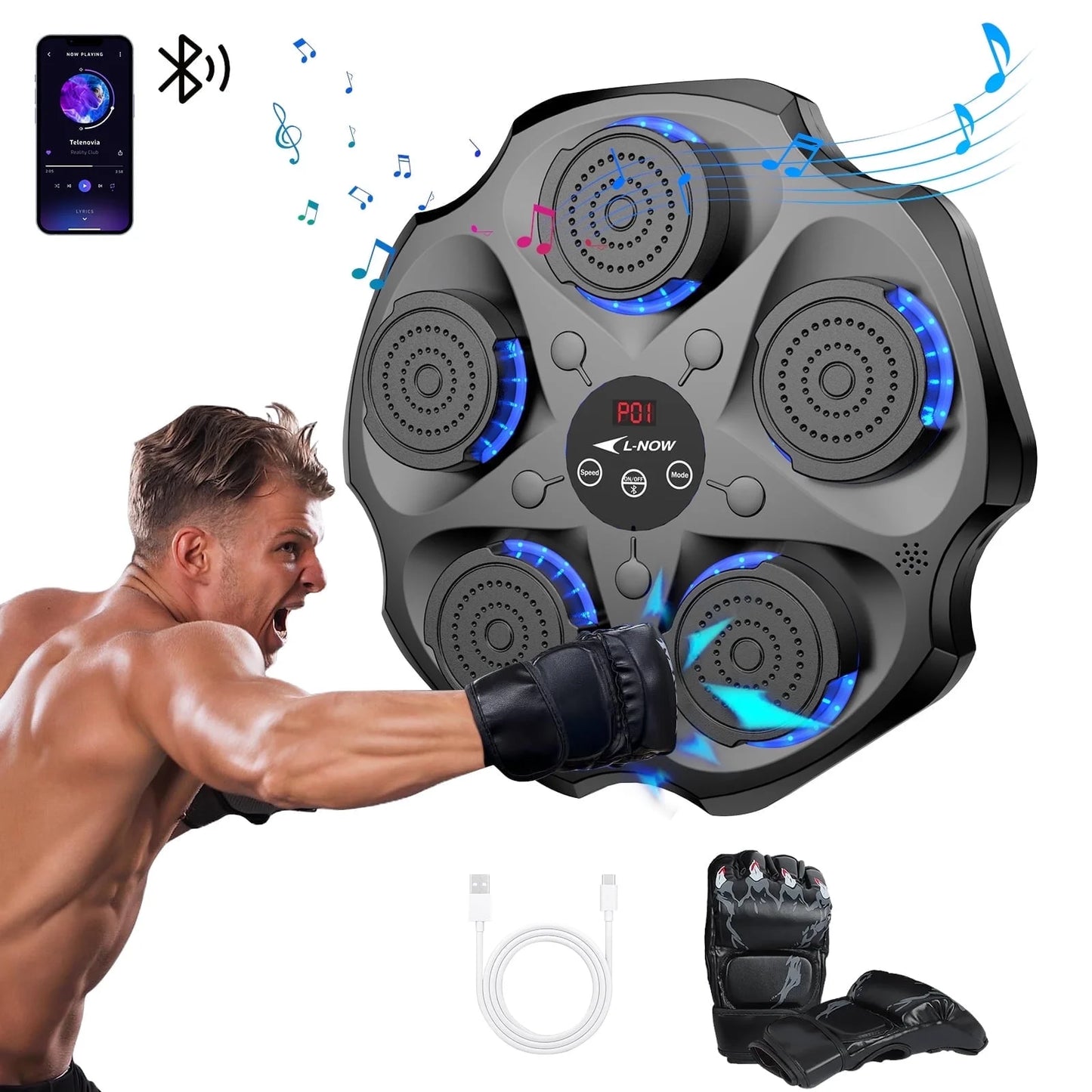 Máquina De Boxeo Musical Con Guantes De Boxeo, Entrenador De Boxeo Musical Inteligente Bluetooth Montado En La Pared, Objetivo Electrónico De Boxeo Equipo De Golpeo Para Entrenamiento En Casa, Interior Y Gimnasio