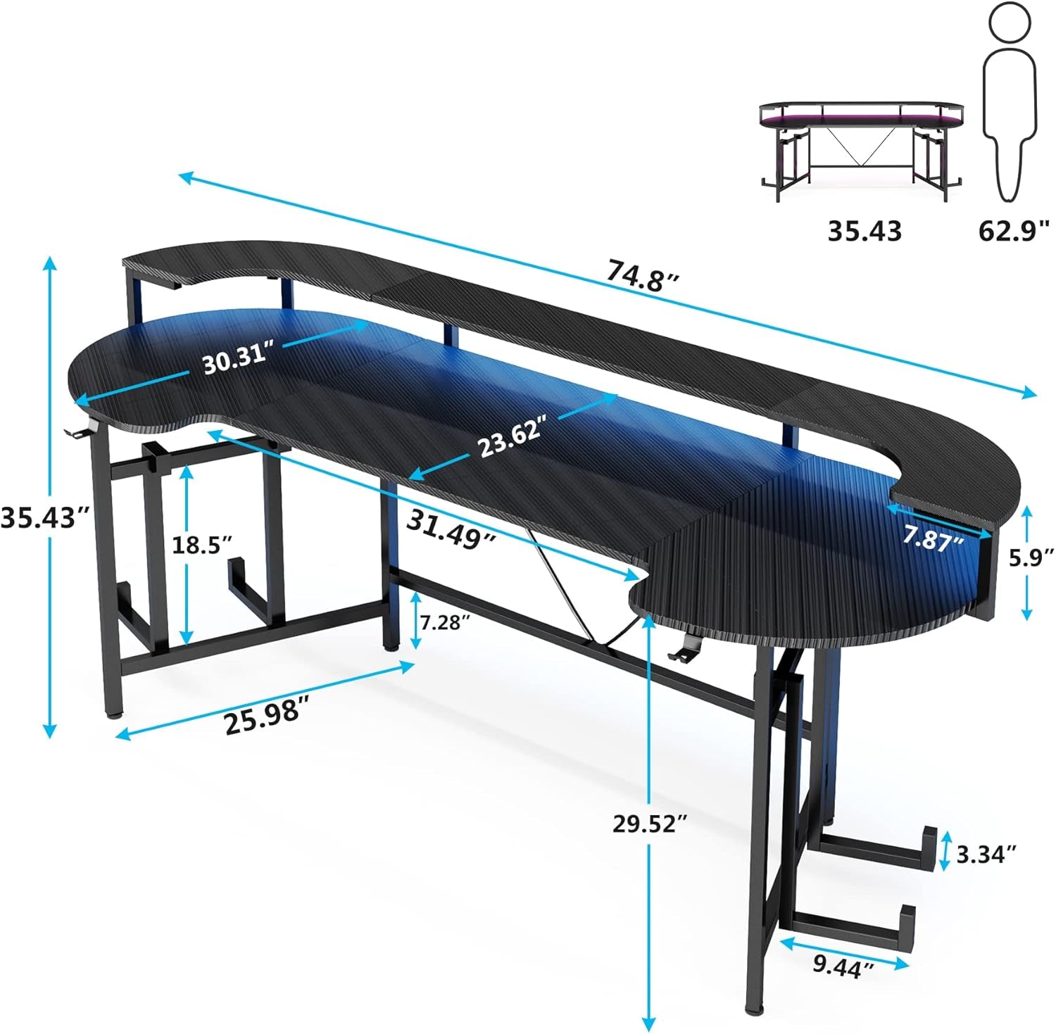 75 Inch Gaming Desk with Monitor Shelf, Large PC Computer Desk with LED Lights, Gaming Table Gamer Desk for Bedroom, Home Office, Black