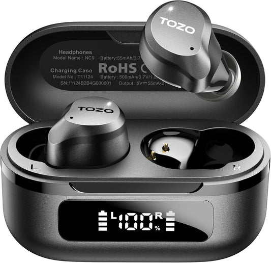 NC9 Hybrid Active Noise Cancelling Wireless Earbuds, 6 Mics ENC Clear Call, IPX8 Waterproof, in Ear Bluetooth 5.3 Headphones Stereo Bass Ear Buds 60H Playtime with LED Display 32 Eqs via APP