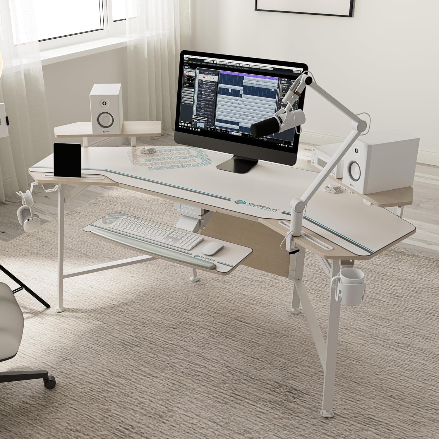 Aero 72 Inch Gaming Desk with Keyboard Tray, Large Computer Desk Led Lights, Wing-Shaped Monitor Stand Dual Headphone Hanger Cup Holder for Studio,Streamer,Live,Maple