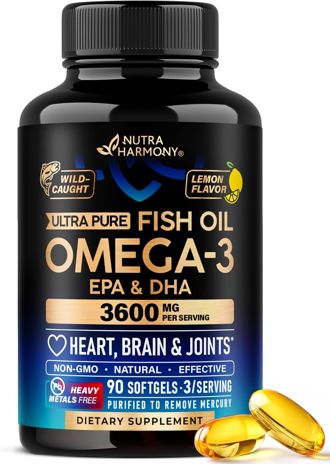 Omega 3 Fish Oil 3600 Mg - Omega 3 Supplement | EPA & DHA - Heavy Metals Free - Heart, Brain & Joint Support - Purified Fish Oil for Men & Women - Lemon Flavored - Made in USA, 90 Softgels