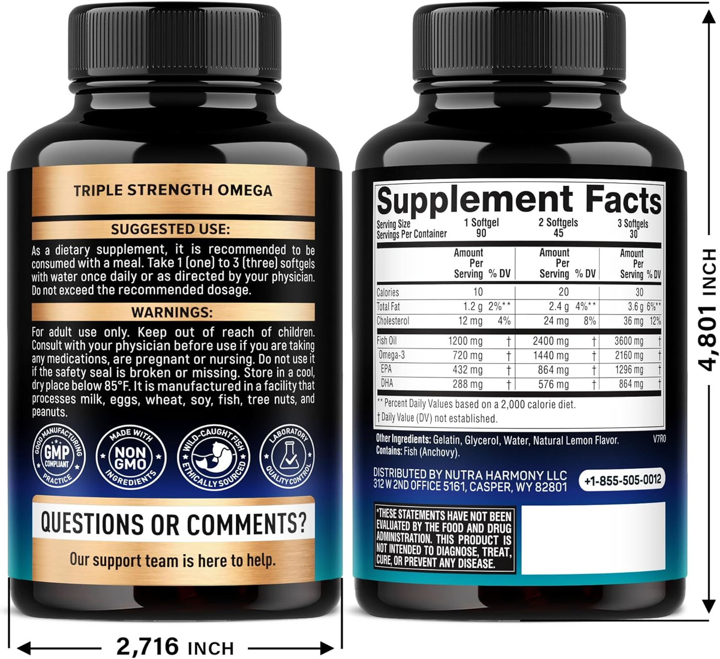 Omega 3 Fish Oil 3600 Mg - Omega 3 Supplement | EPA & DHA - Heavy Metals Free - Heart, Brain & Joint Support - Purified Fish Oil for Men & Women - Lemon Flavored - Made in USA, 90 Softgels