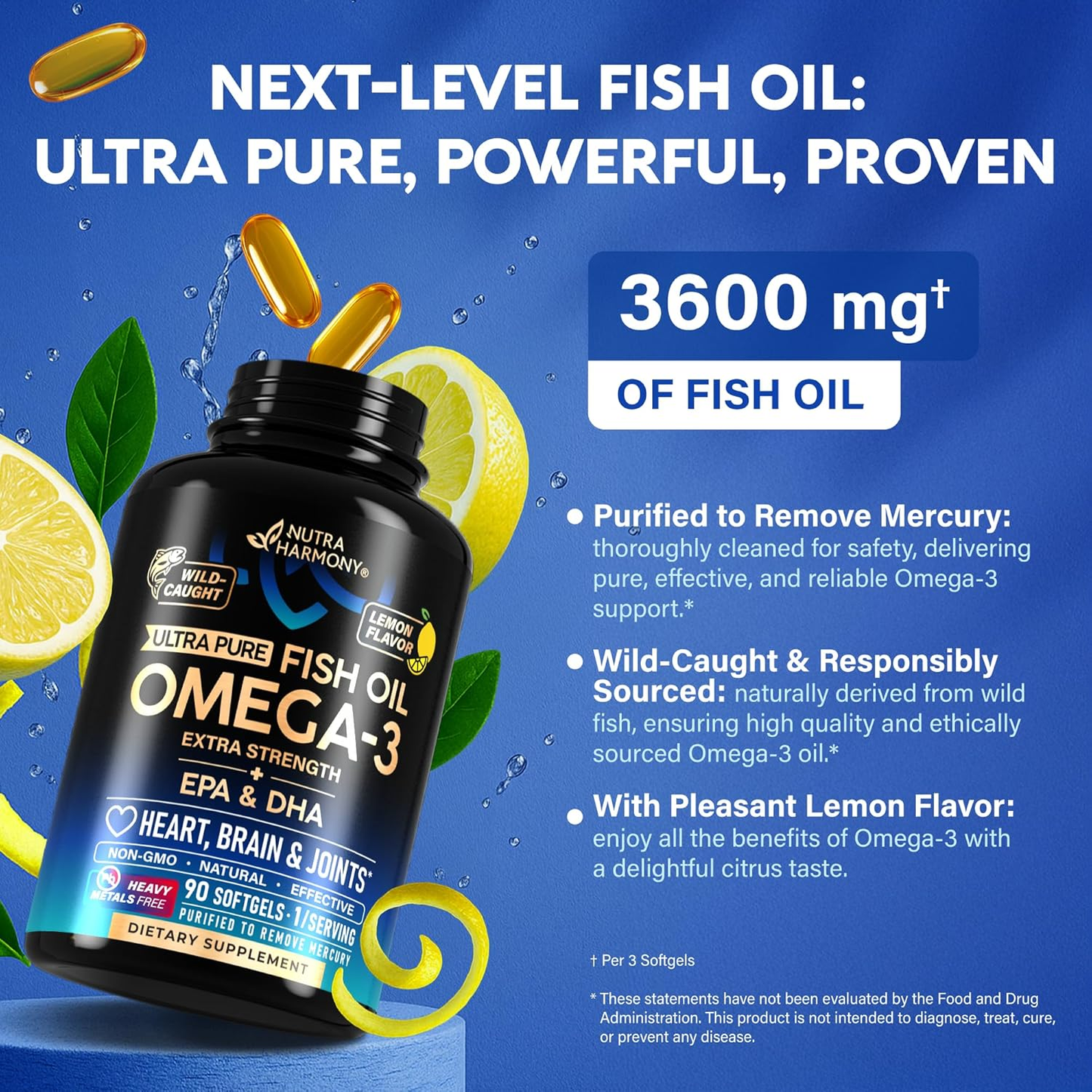 Omega 3 Fish Oil 3600 Mg - Omega 3 Supplement | EPA & DHA - Heavy Metals Free - Heart, Brain & Joint Support - Purified Fish Oil for Men & Women - Lemon Flavored - Made in USA, 90 Softgels