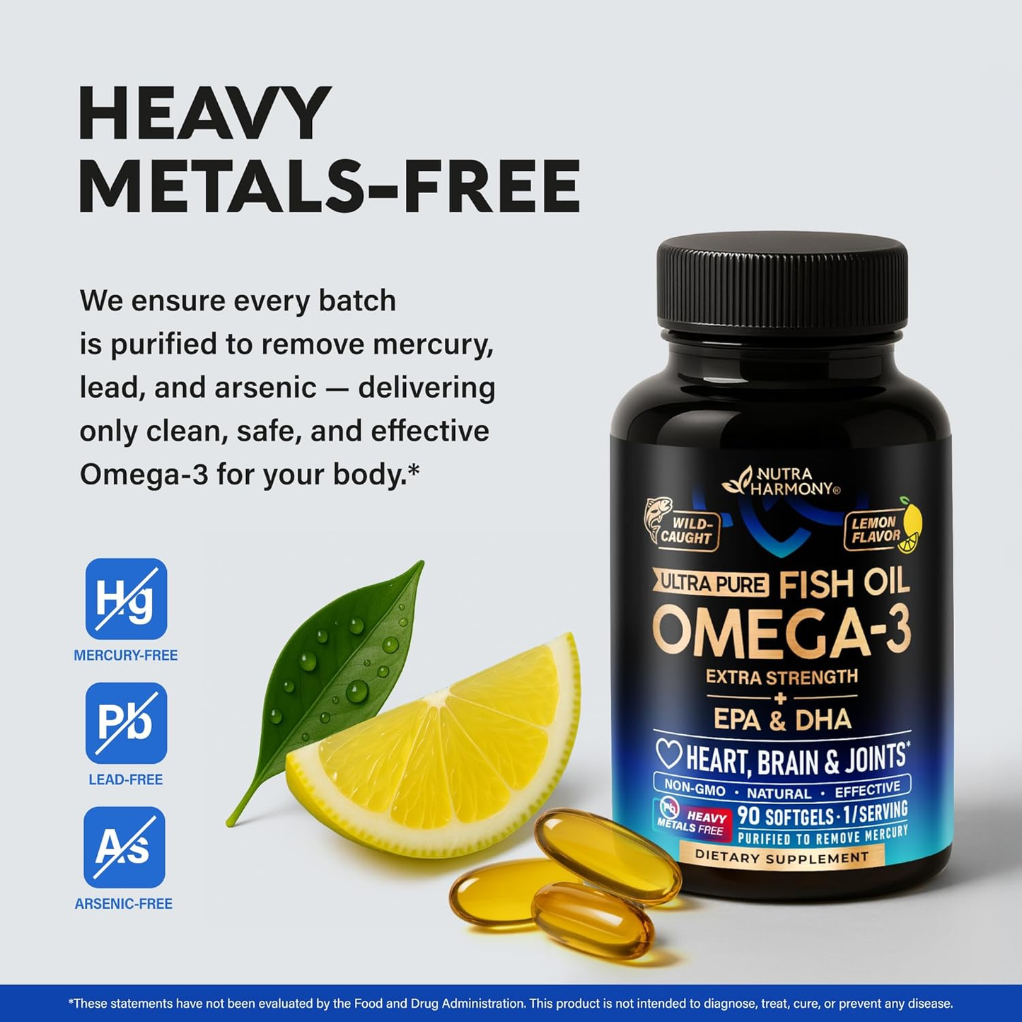 Omega 3 Fish Oil 3600 Mg - Omega 3 Supplement | EPA & DHA - Heavy Metals Free - Heart, Brain & Joint Support - Purified Fish Oil for Men & Women - Lemon Flavored - Made in USA, 90 Softgels