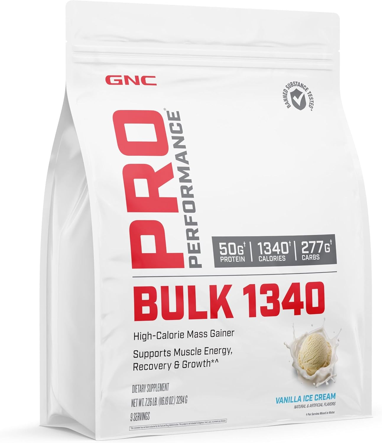 Pro Performance Bulk 1340 Mass Gainer Protein Powder, 50G, Gluten Free, Whey, Creatine, BCAA, 3Rd Party Tested, Muscle Recovery & Growth, Micronutrients, Vanilla Ice Cream, 9 Servings