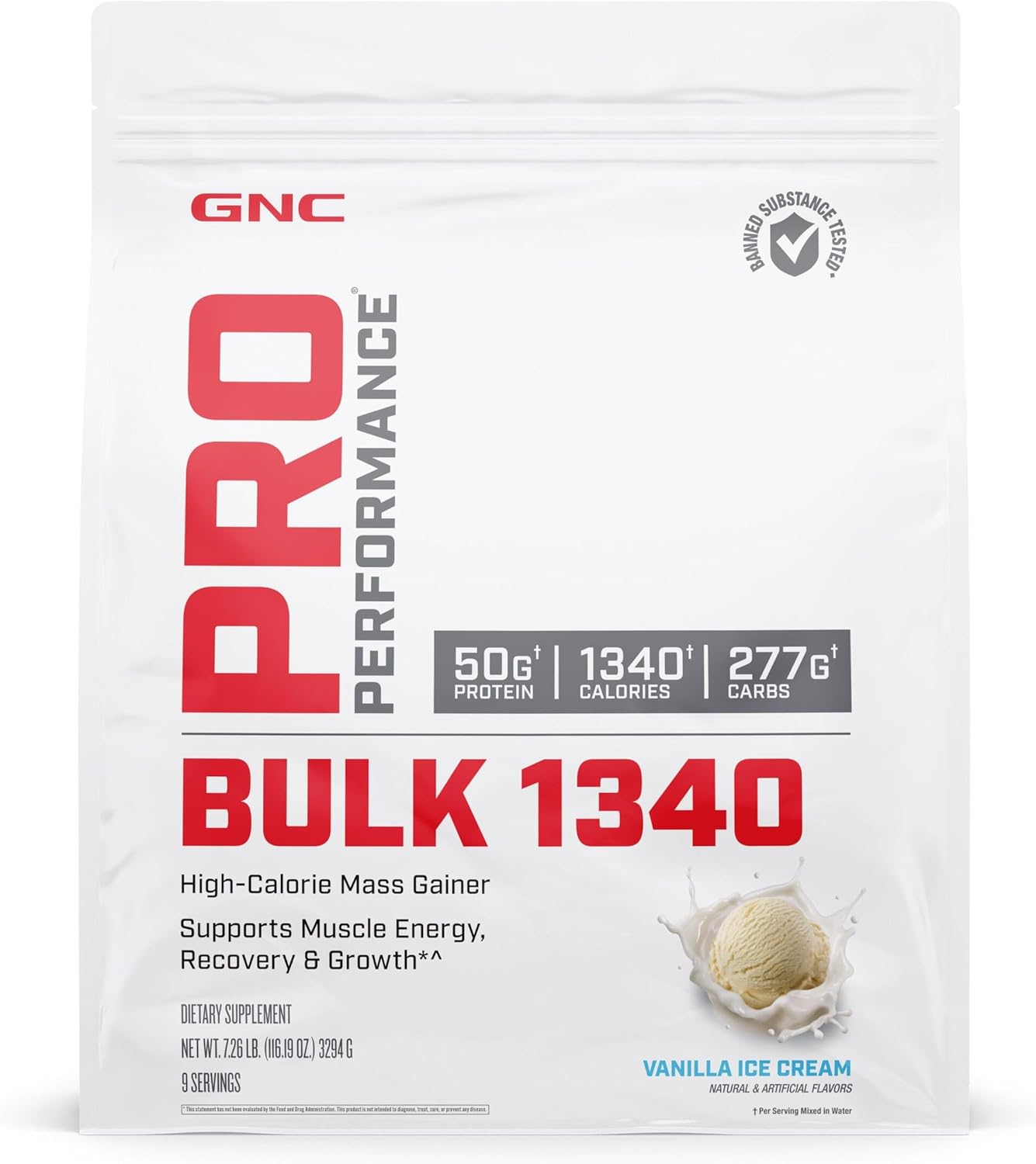 Pro Performance Bulk 1340 Mass Gainer Protein Powder, 50G, Gluten Free, Whey, Creatine, BCAA, 3Rd Party Tested, Muscle Recovery & Growth, Micronutrients, Vanilla Ice Cream, 9 Servings