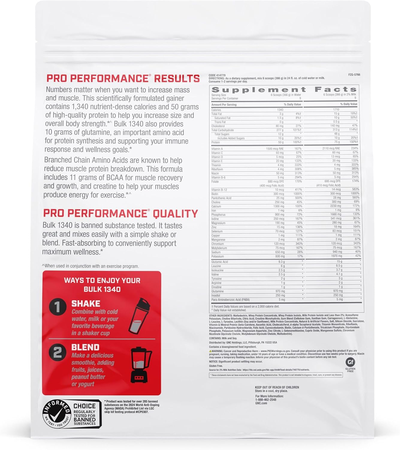 Pro Performance Bulk 1340 Mass Gainer Protein Powder, 50G, Gluten Free, Whey, Creatine, BCAA, 3Rd Party Tested, Muscle Recovery & Growth, Micronutrients, Vanilla Ice Cream, 9 Servings