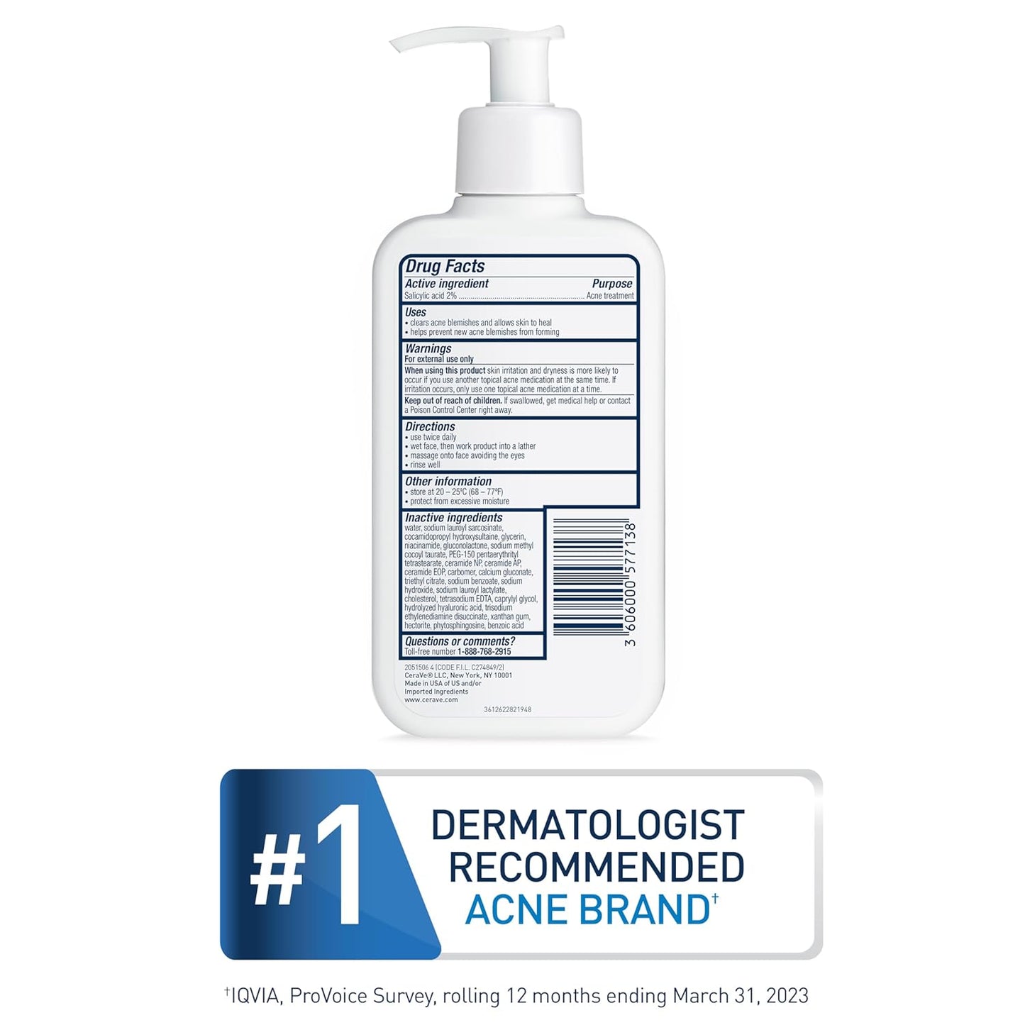 Acne Control Cleanser, 2% Salicylic Acid Treatment Formulated with Niacinamide + Ceramides + Oil Absorbing Clay, Gentle Face Wash Helps Clear & Prevent Acne, Fragrance Free, 16 Ounce