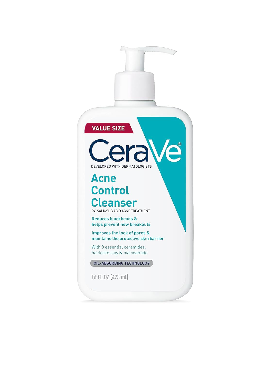 Acne Control Cleanser, 2% Salicylic Acid Treatment Formulated with Niacinamide + Ceramides + Oil Absorbing Clay, Gentle Face Wash Helps Clear & Prevent Acne, Fragrance Free, 16 Ounce