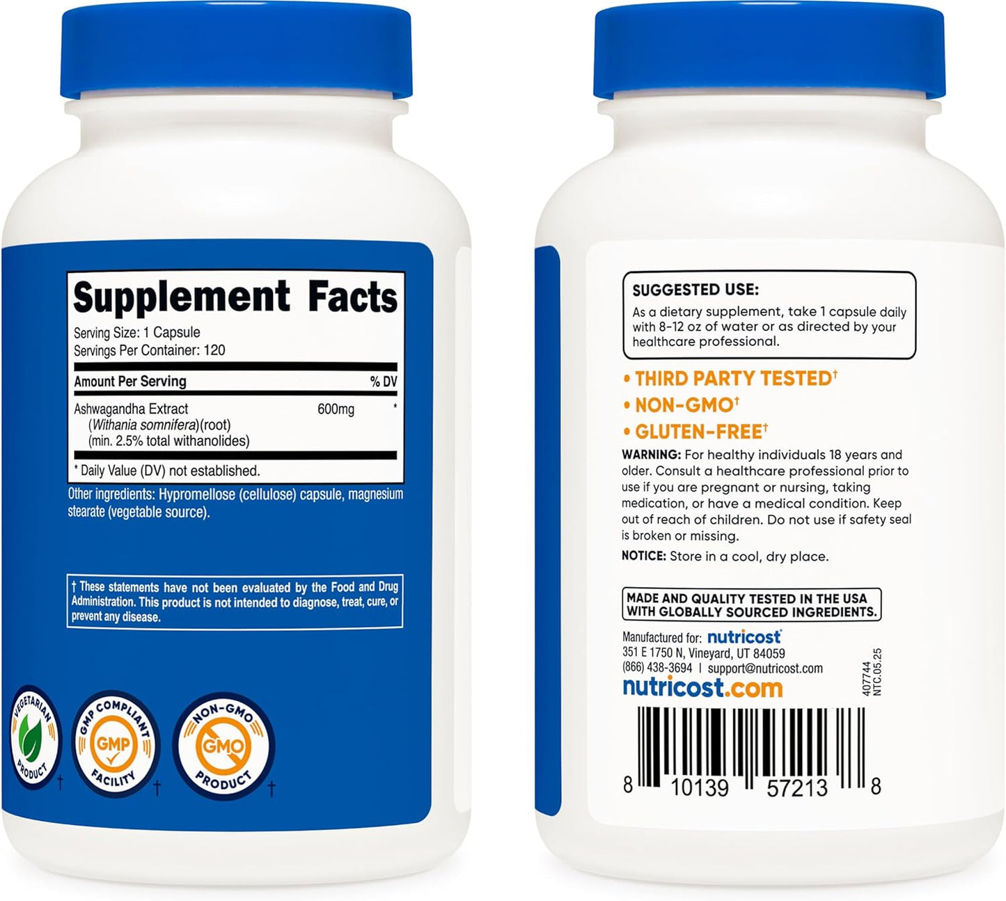 Ashwagandha Herbal Supplement 600Mg, 120 Capsules - Vegetarian, Non-Gmo, Gluten Free, Ashwagandha Root