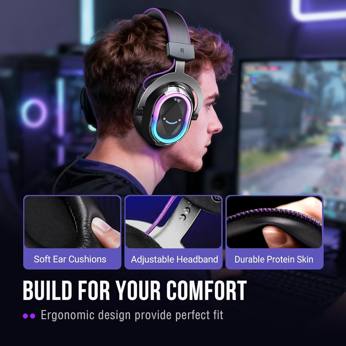Wired USB Gaming Headset: 7.1 Surround Sound - Vibrant Customizable RGB - Game/Chat Balance, Gamer Headphone with Noise Canceling Mic for PC, PS5/PS4, Laptop, Mac - Ampligame H13BP