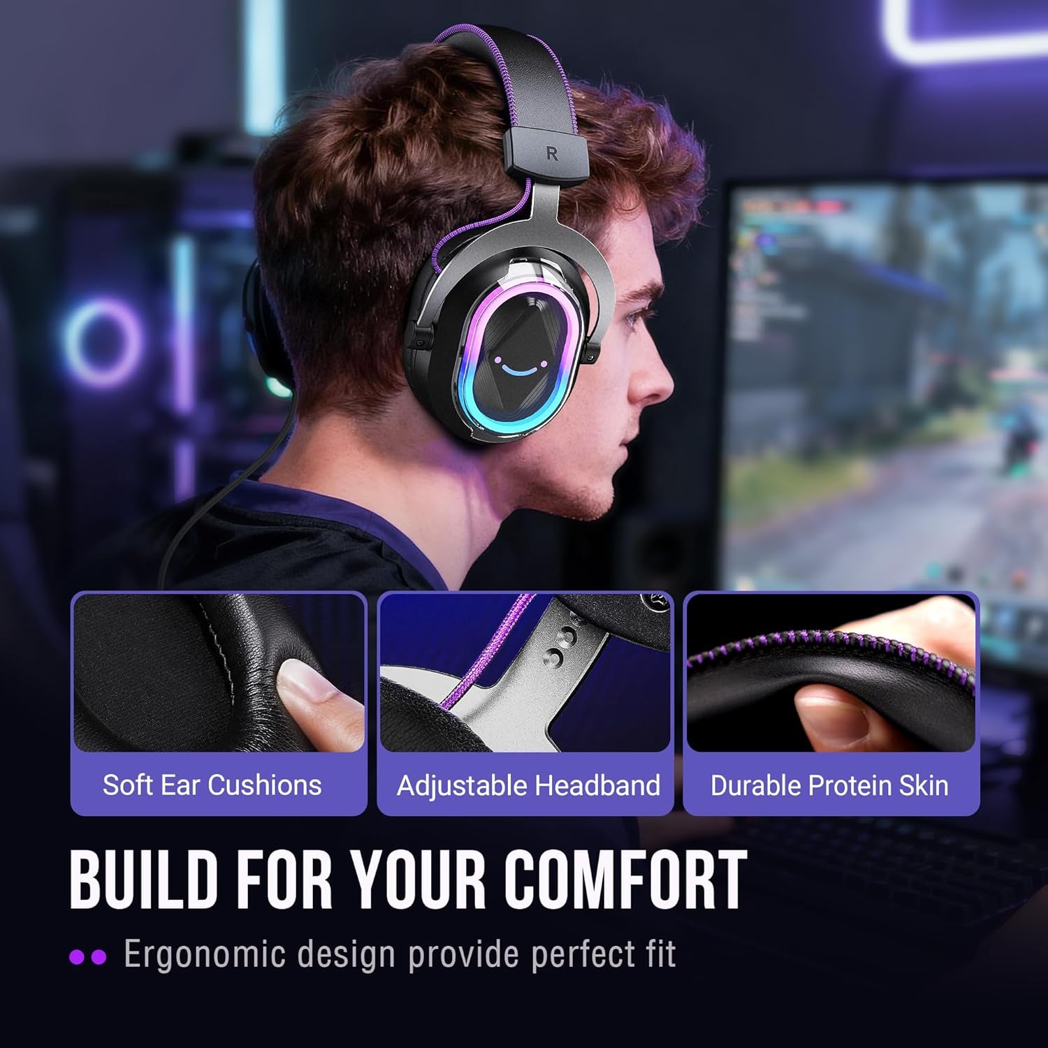 Wired USB Gaming Headset: 7.1 Surround Sound - Vibrant Customizable RGB - Game/Chat Balance, Gamer Headphone with Noise Canceling Mic for PC, PS5/PS4, Laptop, Mac - Ampligame H13BP