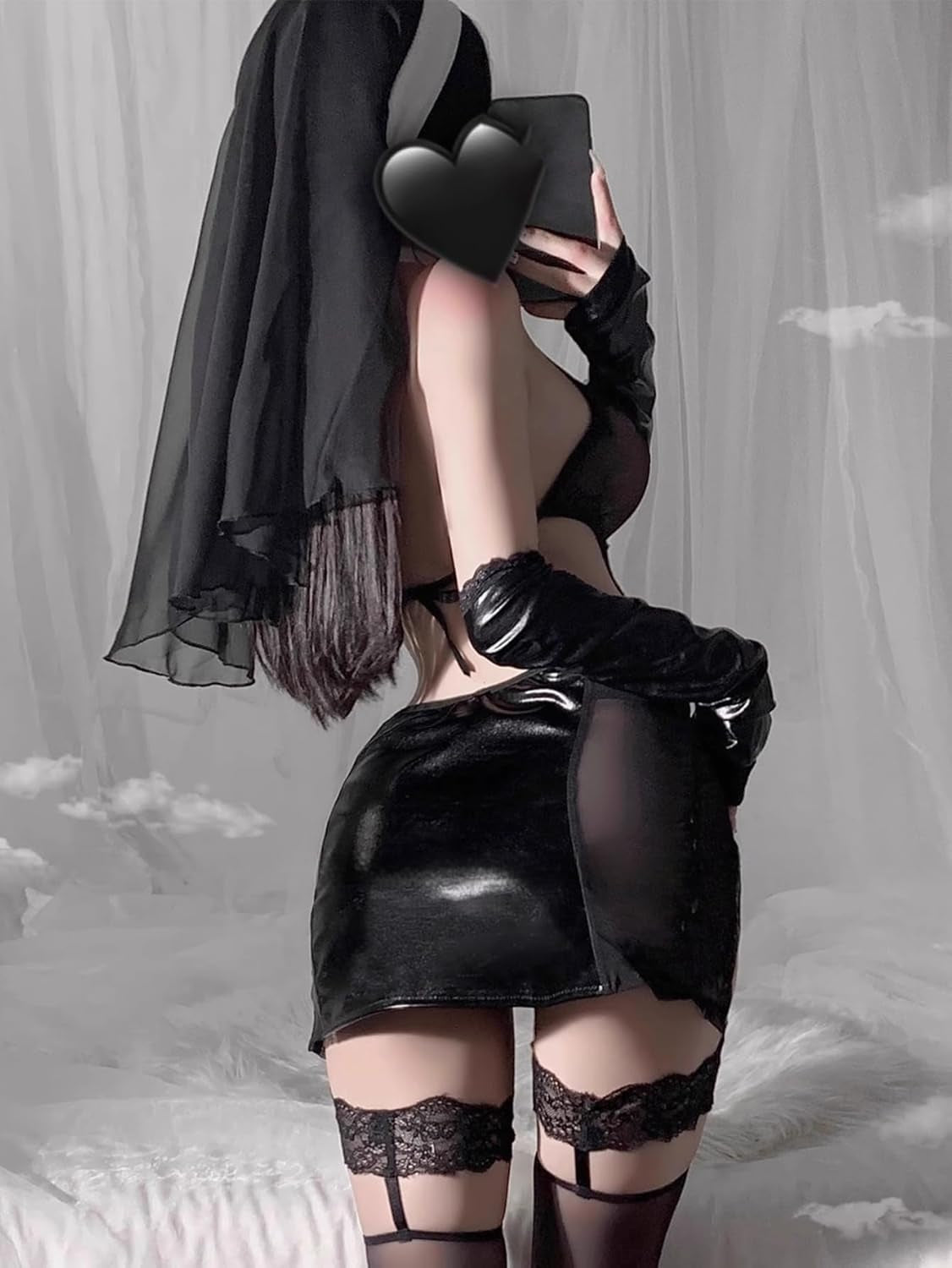 Nun Costume for Women - Gothic Anime Lingerie Cosplay Outfit High Slit, Halloween Maid Dress for Roleplay