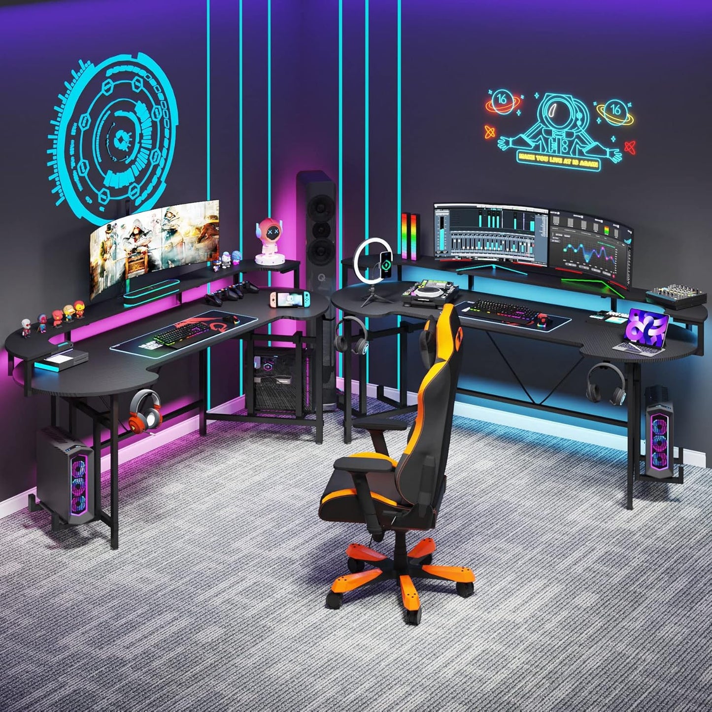 75 Inch Gaming Desk with Monitor Shelf, Large PC Computer Desk with LED Lights, Gaming Table Gamer Desk for Bedroom, Home Office, Black