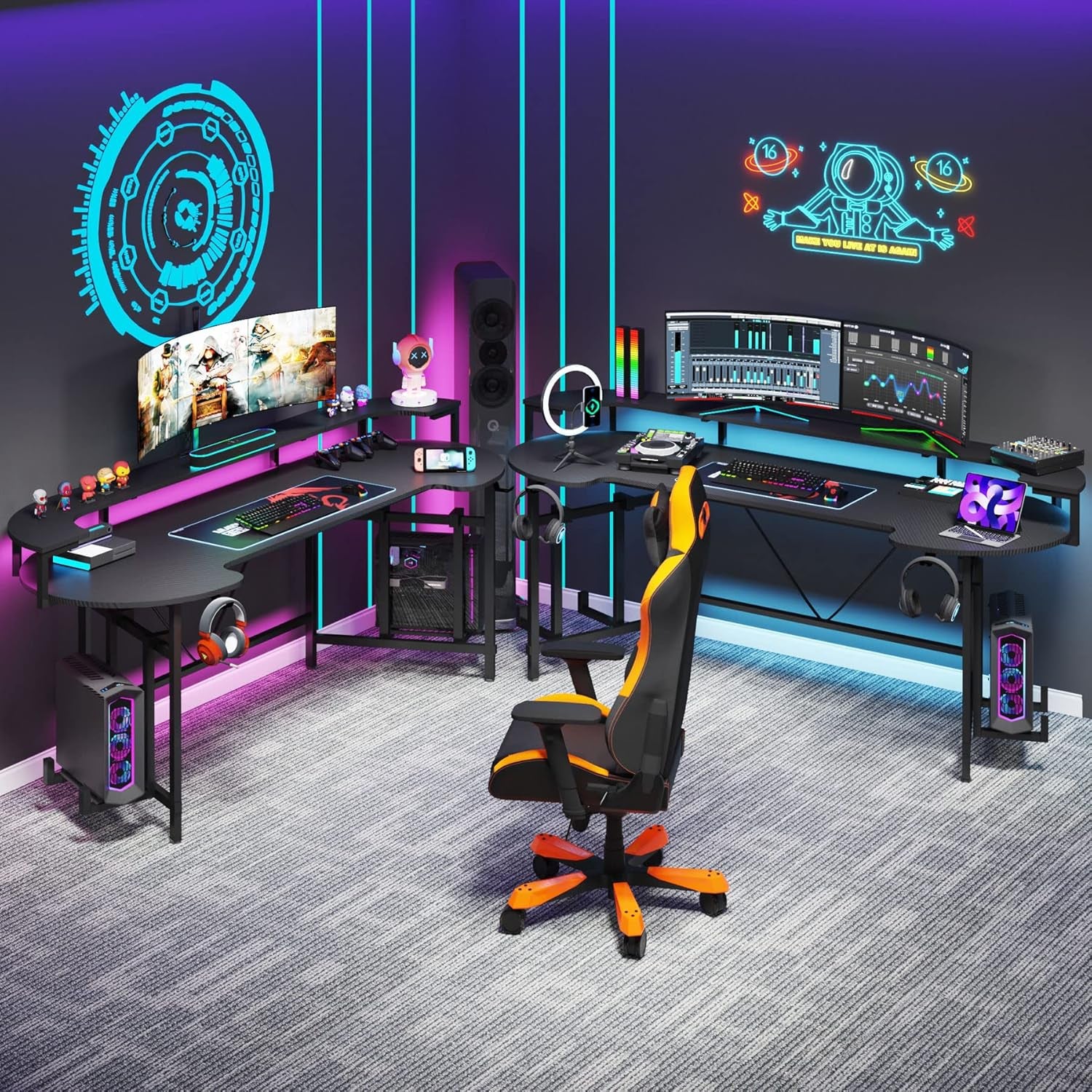 75 Inch Gaming Desk with Monitor Shelf, Large PC Computer Desk with LED Lights, Gaming Table Gamer Desk for Bedroom, Home Office, Black