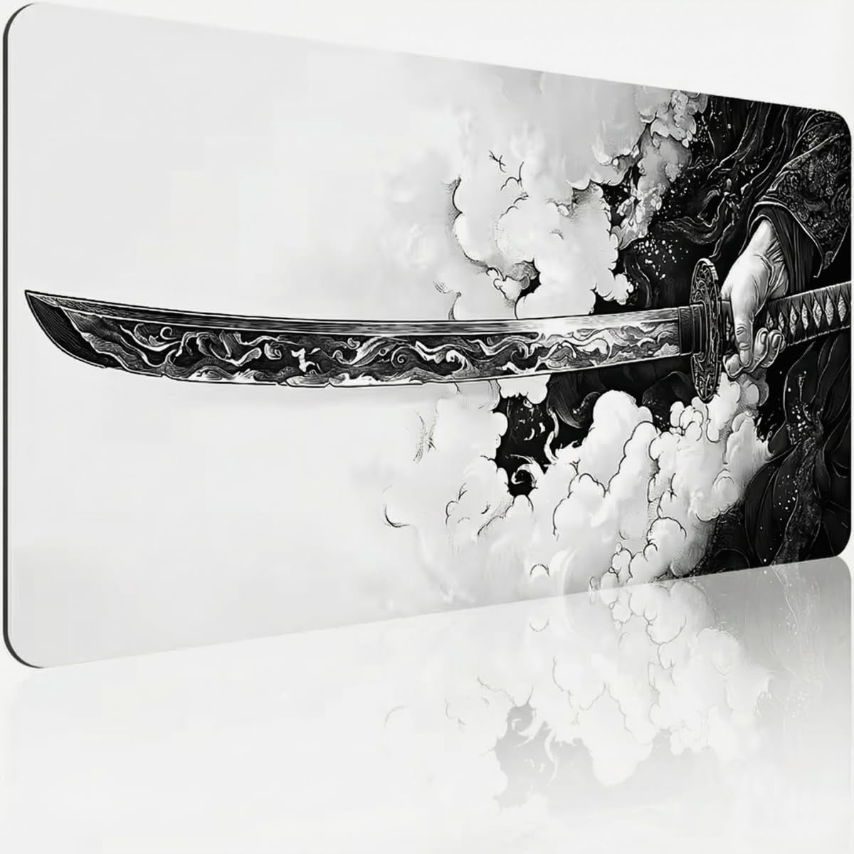 Gaming Mouse Pad Cinematic Samurai Sword - 31.5X11.8 HD Print Japanese Art Desk Mat for Pro Gaming & Minimalist Office, Non-Slip, Stitched Edges, Black and White