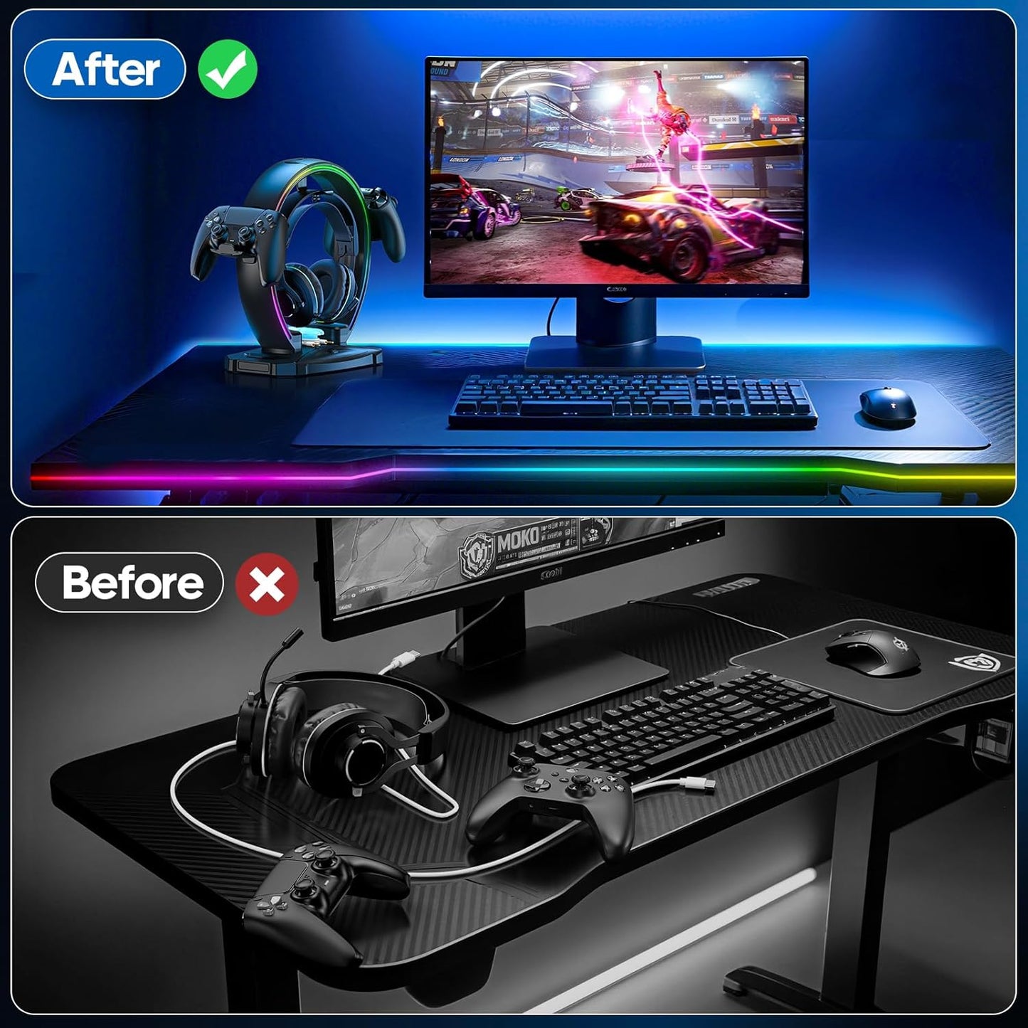 RGB Headphone & Controller Stand with 9 Light Modes - Foldable Controller Hanger for Desk - Earphone Stand with Cable Organizer - for Gamers Desktop Accessories