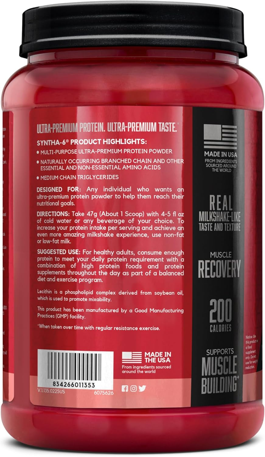 SYNTHA-6 Premium Protein Powder with 6G of Fiber, Whey Isolate, Micellar Casein, Milk Protein Isolate, 6G of Fat, Strawberry Milkshake, 14 Servings, 1.45 Pound (Packaging May Vary)