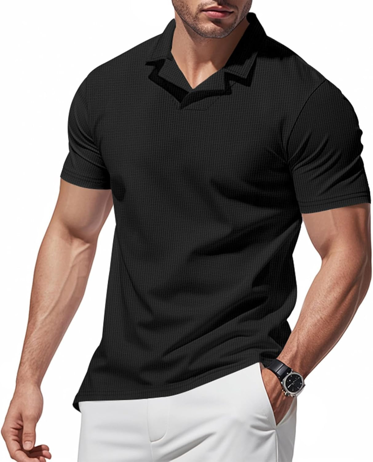 Waffle Knit Polo Shirts for Men Lapel Collared Short Sleeve Baggy Lounge T-Shirts Summer Loose Fit Pullover Blouses