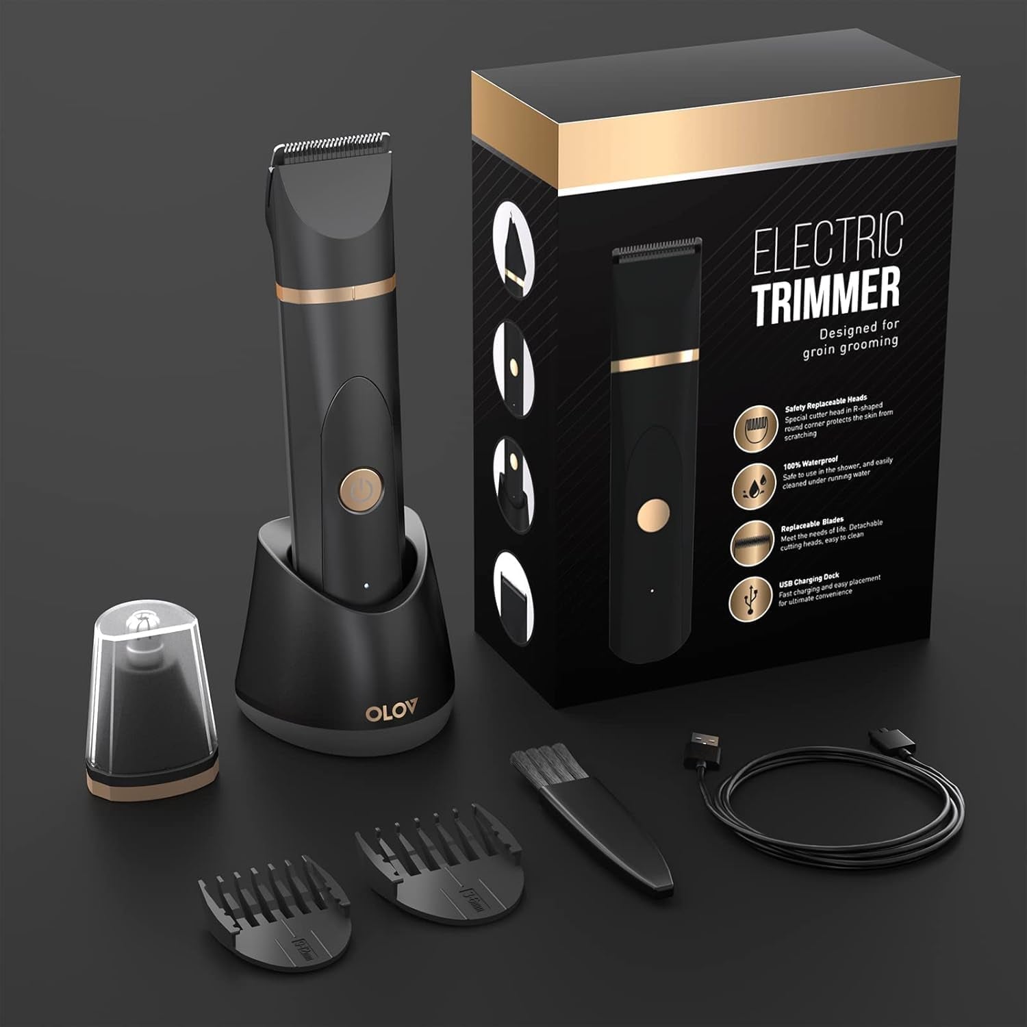 Electric Body Hair Trimmer - Groin Trimmer for Men - Bikini Trimmer Women - Wet/Dry Shaver Groomer, Replaceable Ceramic Blade Heads, USB Recharge Dock, Waterproof Hygiene Razor,Black