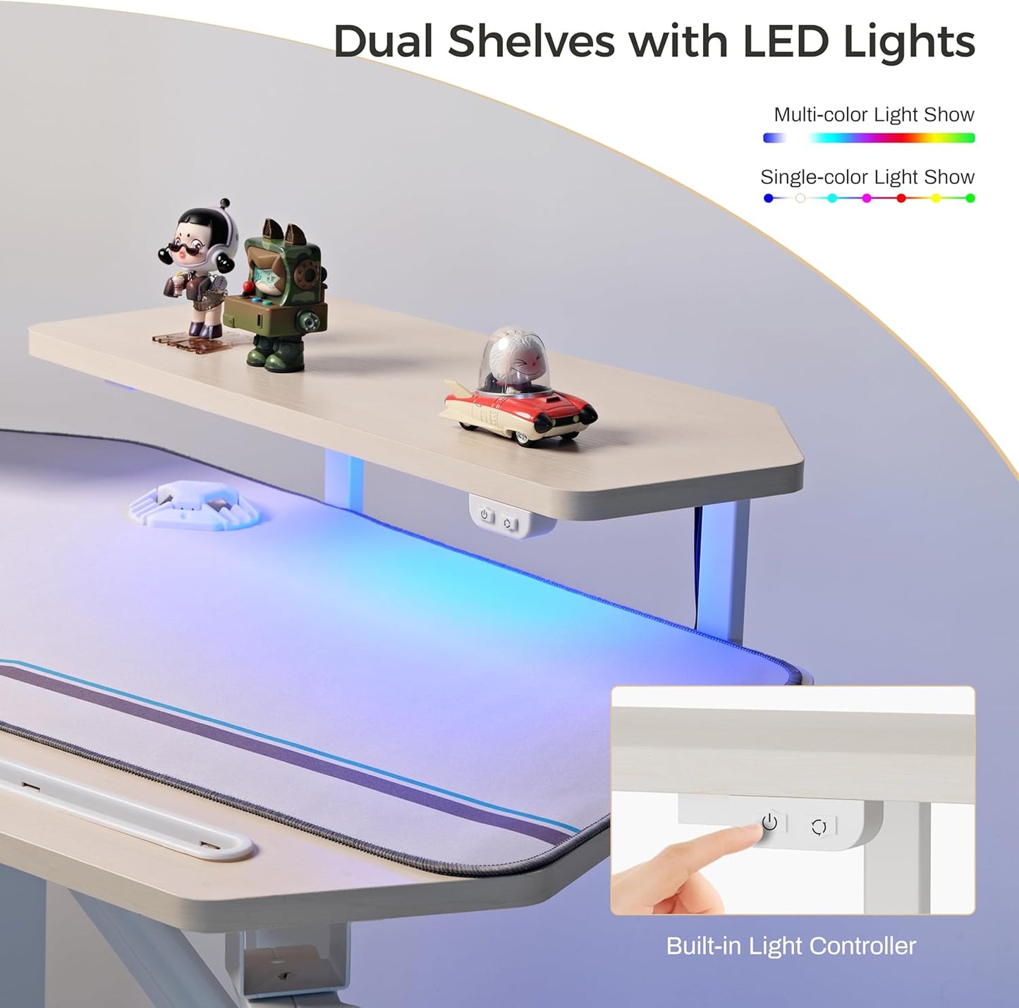 Aero 72 Inch Gaming Desk with Keyboard Tray, Large Computer Desk Led Lights, Wing-Shaped Monitor Stand Dual Headphone Hanger Cup Holder for Studio,Streamer,Live,Maple