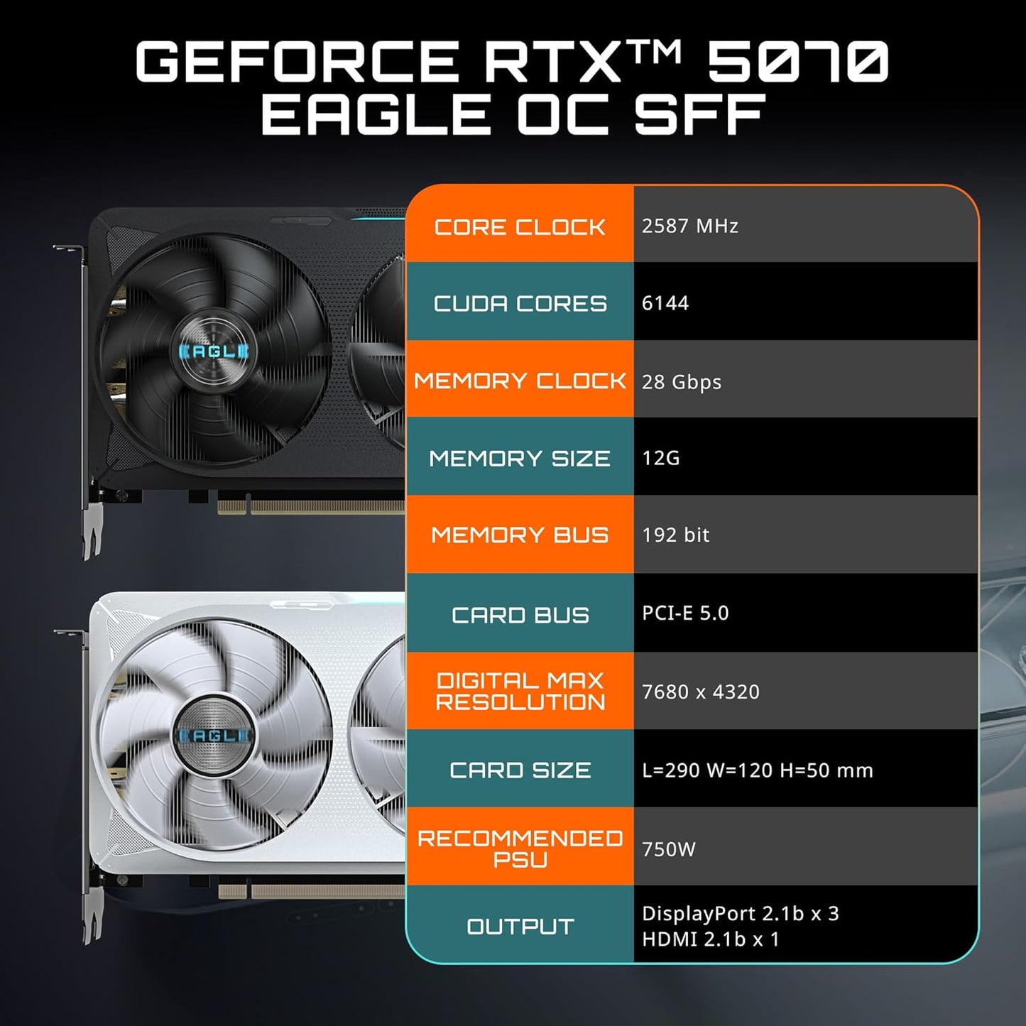 Geforce RTX 5070 Eagle OC ICE SFF 12G Graphics Card, 12GB 192-Bit GDDR7, Pcie 5.0, WINDFORCE Cooling System, GV-N5070EAGLEOC ICE-12GD Video Card, Compatible with Desktop