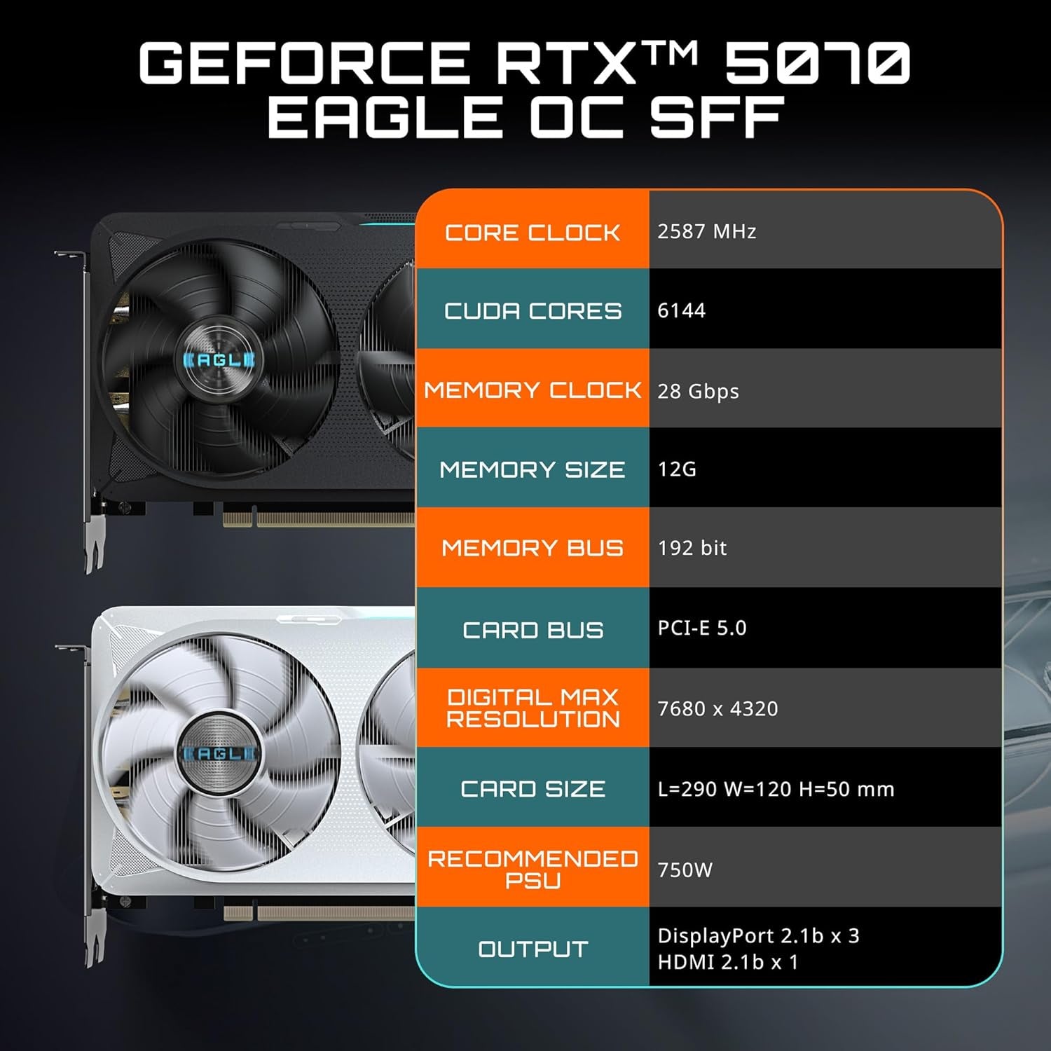 Geforce RTX 5070 Eagle OC ICE SFF 12G Graphics Card, 12GB 192-Bit GDDR7, Pcie 5.0, WINDFORCE Cooling System, GV-N5070EAGLEOC ICE-12GD Video Card, Compatible with Desktop