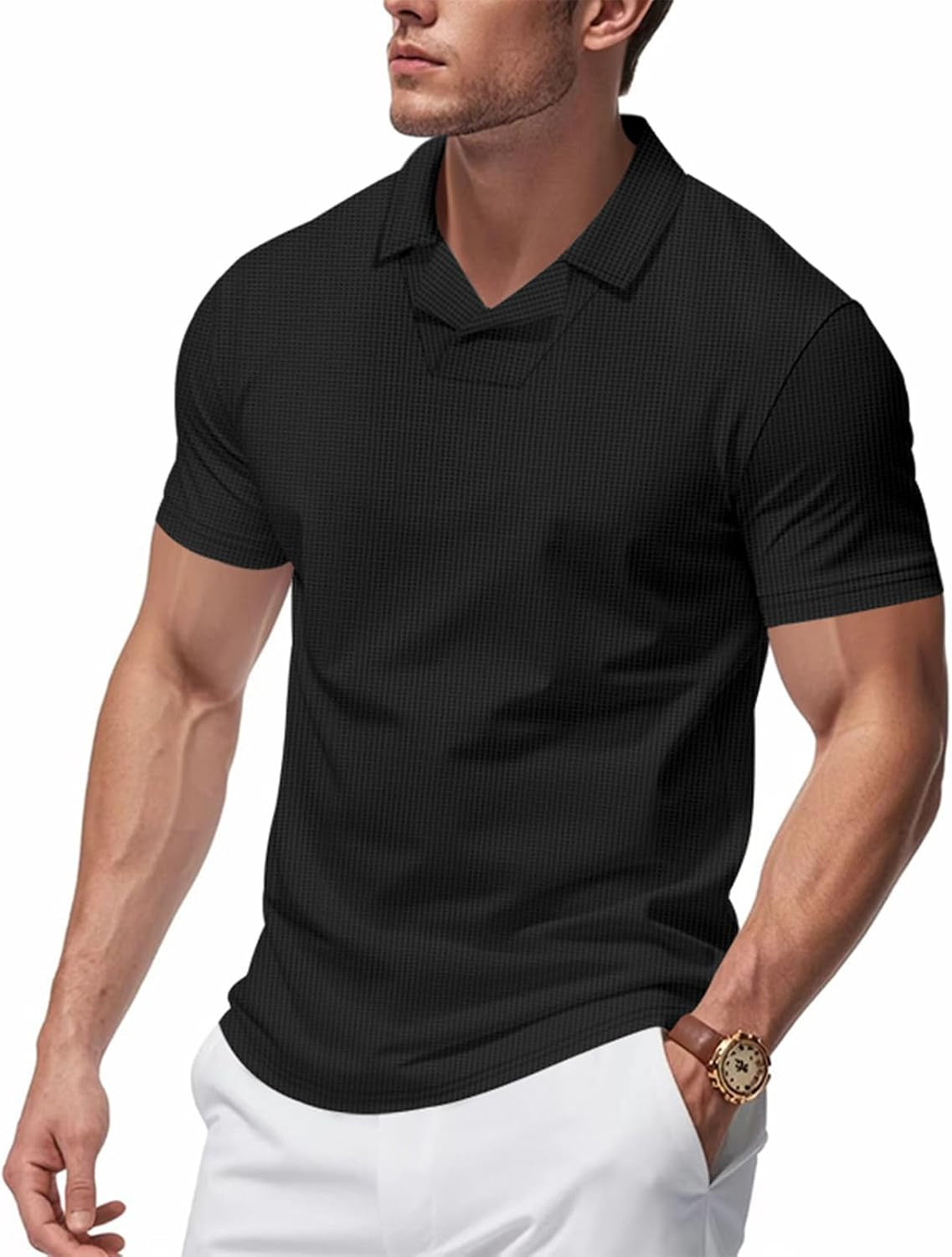 Waffle Knit Polo Shirts for Men Lapel Collared Short Sleeve Baggy Lounge T-Shirts Summer Loose Fit Pullover Blouses