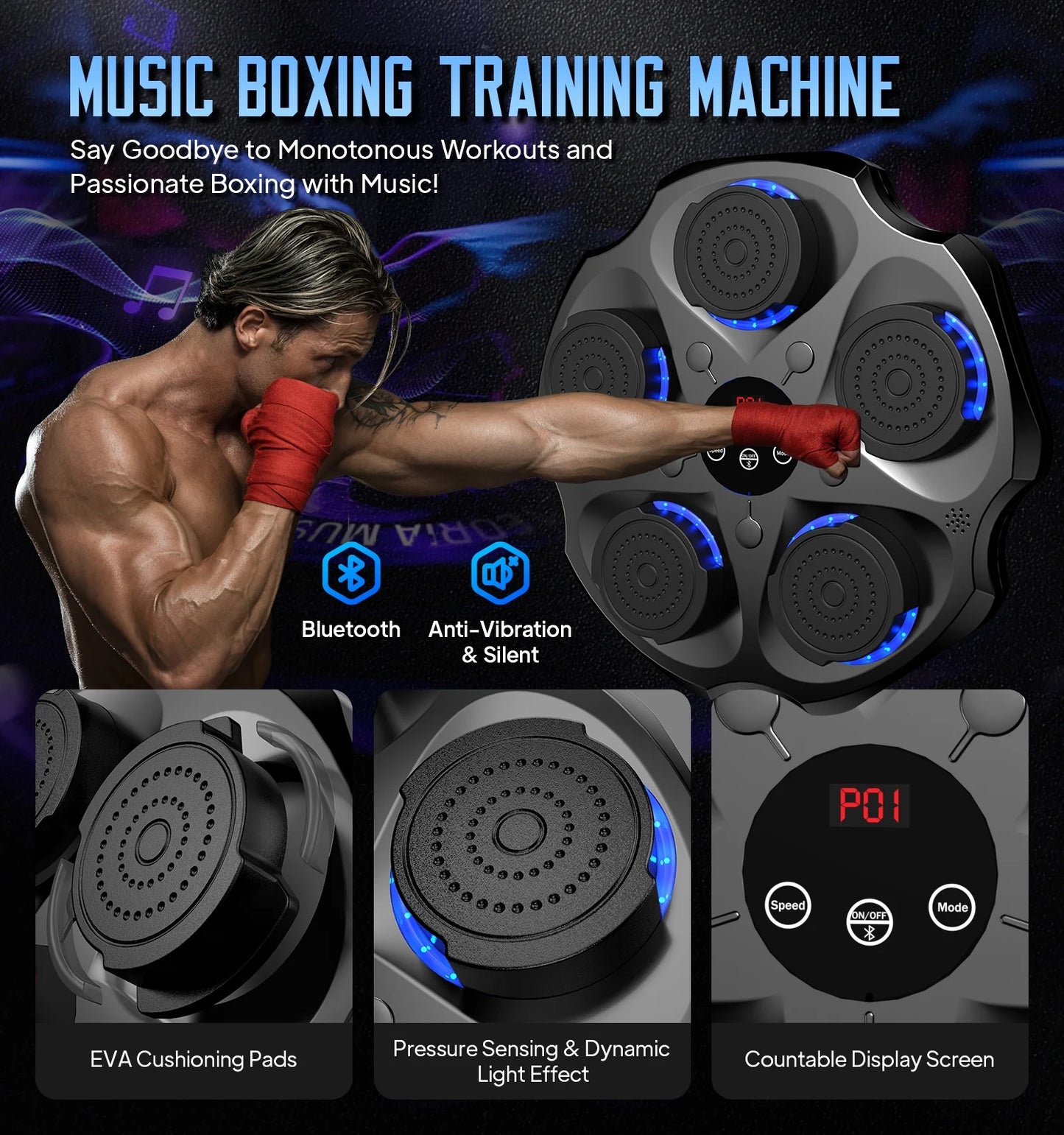 Máquina De Boxeo Musical Con Guantes De Boxeo, Entrenador De Boxeo Musical Inteligente Bluetooth Montado En La Pared, Objetivo Electrónico De Boxeo Equipo De Golpeo Para Entrenamiento En Casa, Interior Y Gimnasio