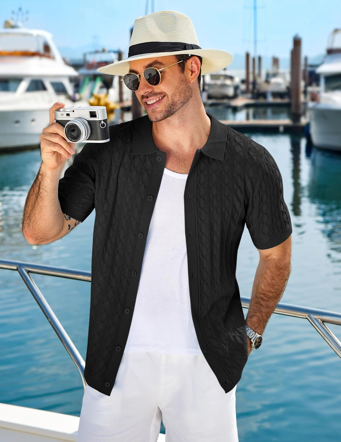 Men'S Knit Short Sleeve Shirts Button down Vintage Knitted Polo Shirt Casual Beach Crochet Cable Vacation Shirt