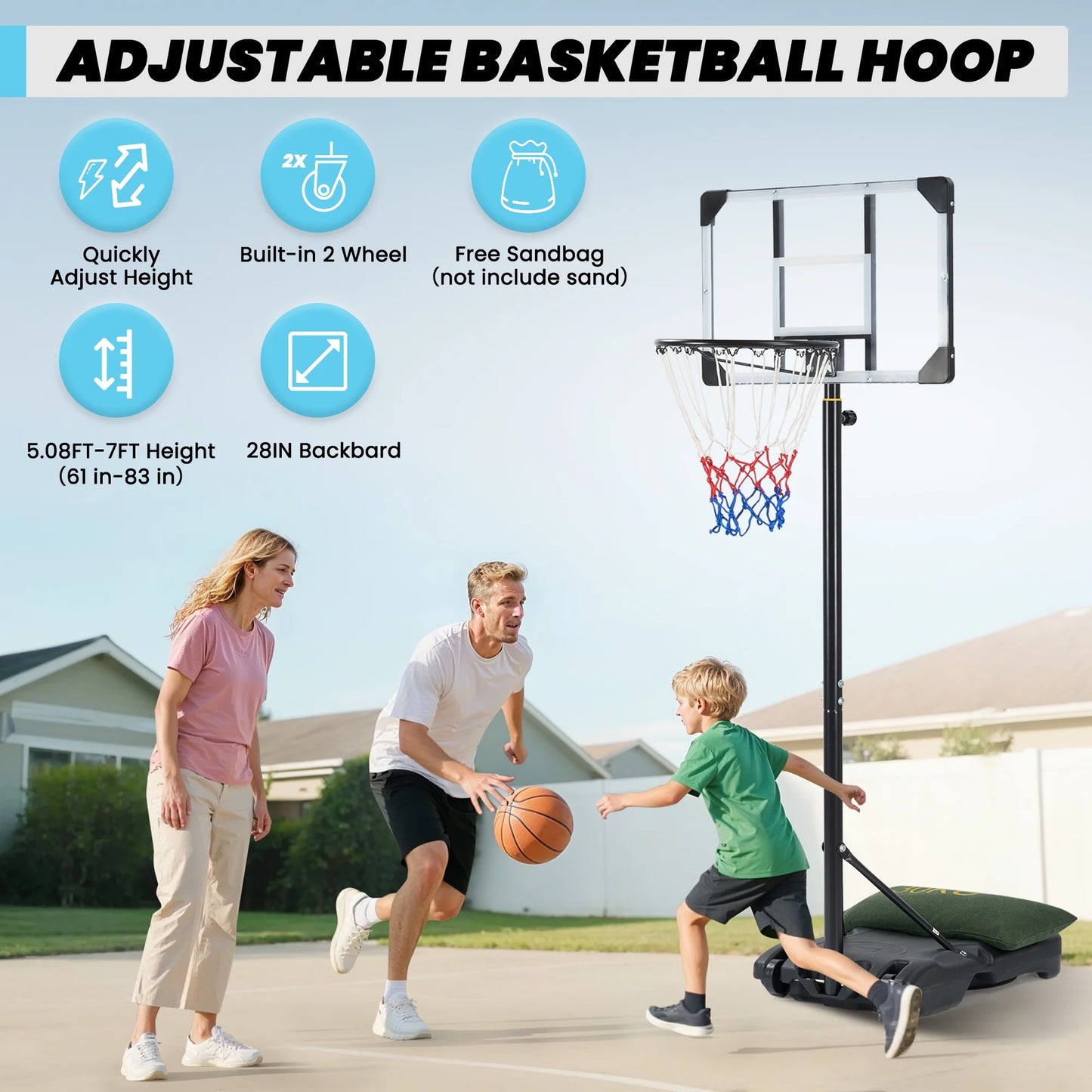 Aro De Baloncesto De 28 Pulgadas Sistema De Portería De Baloncesto Altura Ajustable De 5.1 Pies a 7 Pies Para Uso En Interiores Y Exteriores De Todas Las Edades