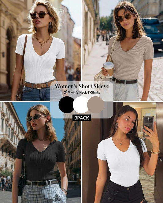 3 Pack Women'S Short Sleeve Cotton T-Shirts V Neck Ribbed Slim Fit Tops Ladies' Casual Summer Basic Tee